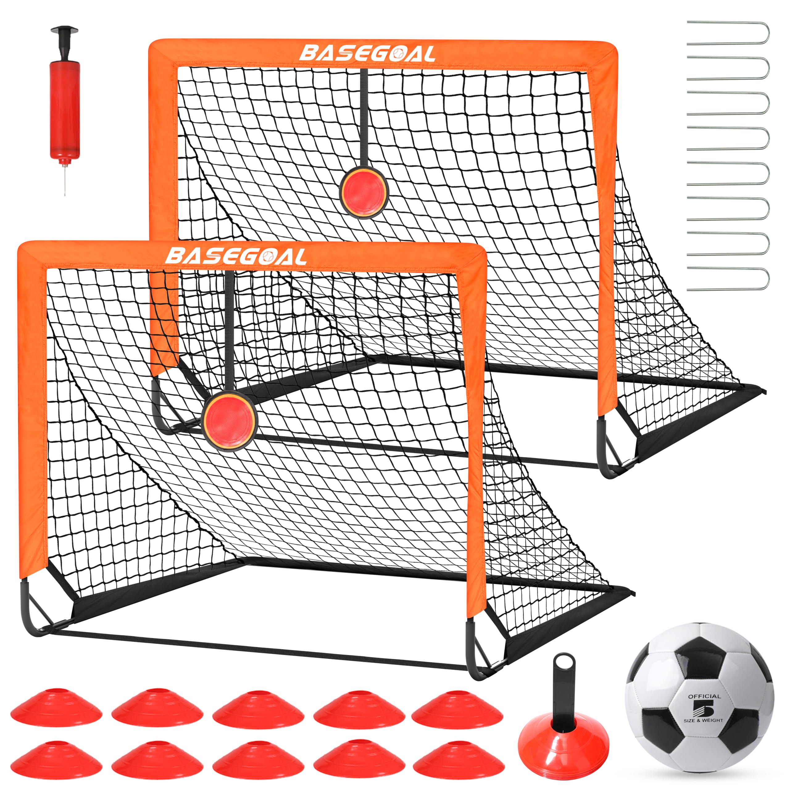 BaseGoal Set di 2 Porte da Calcio per Giardino 120x90cm con Calcio n. 5 | Porta da Calcio Adolescenti con Aste In Fibra di Vetro, Reti di Alta Qualità, Bersaglio, Coni da Calcio e Cono a Forma di U