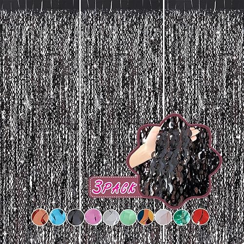 Miniatura 2 de Paquete de 3 cortinas onduladas de oropel negro con flecos de papel de aluminio para fiesta, telón de fondo de 3.3 x 6.6 pies, cortinas de oropel