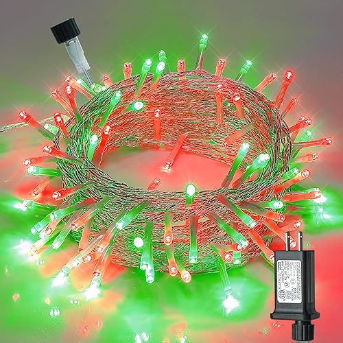 Hopolon Luces de Navidad para interiores y exteriores, 100 luces LED rojas y verdes, 33 pies, extensibles, impermeables, de alambre transparente,