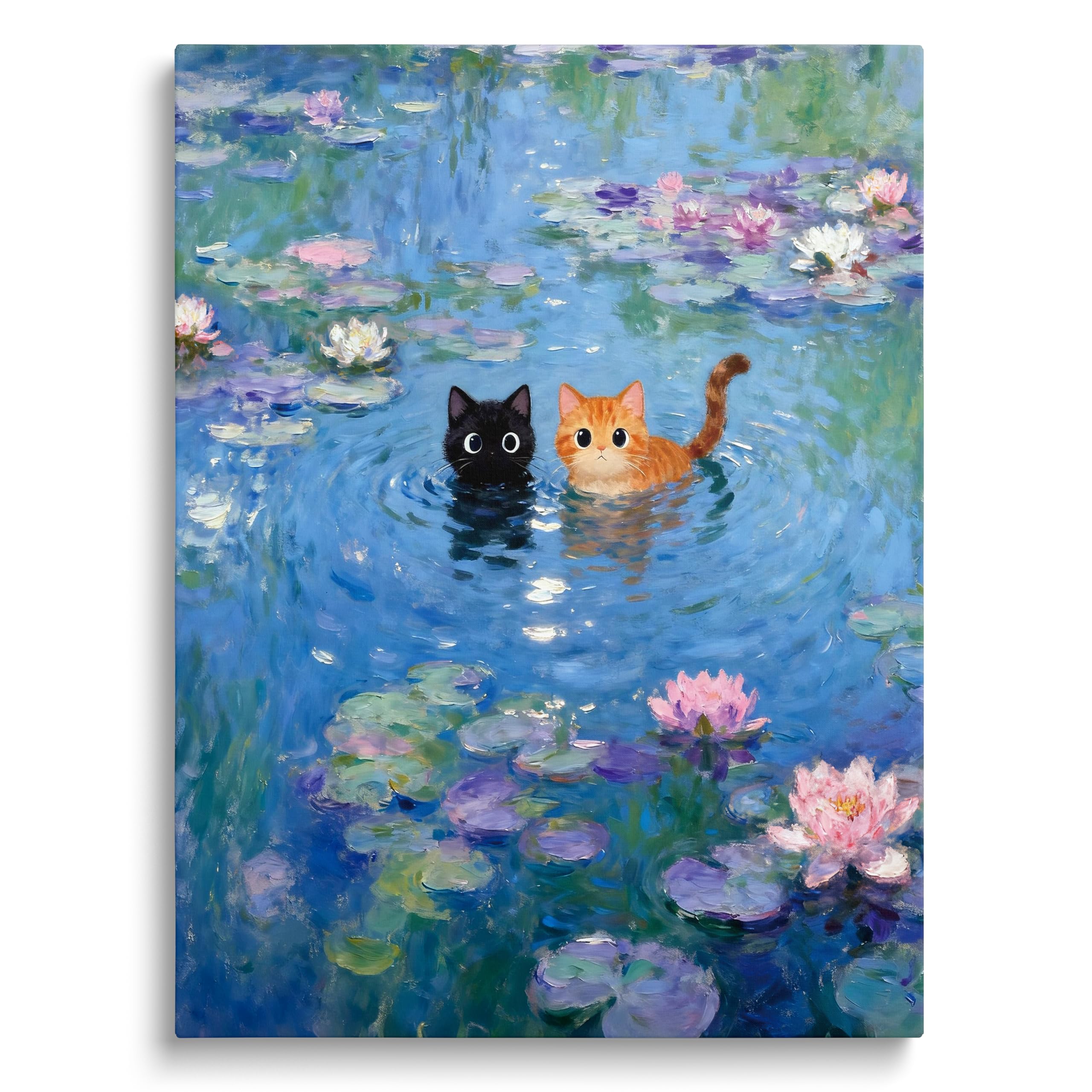 TimAsh Monet Water Lilies with Cat Wall Art, Framed Vintage Canvas Decor Playful Black Cat & Orange Cat Print for Living Room Bedroom Bathroom and