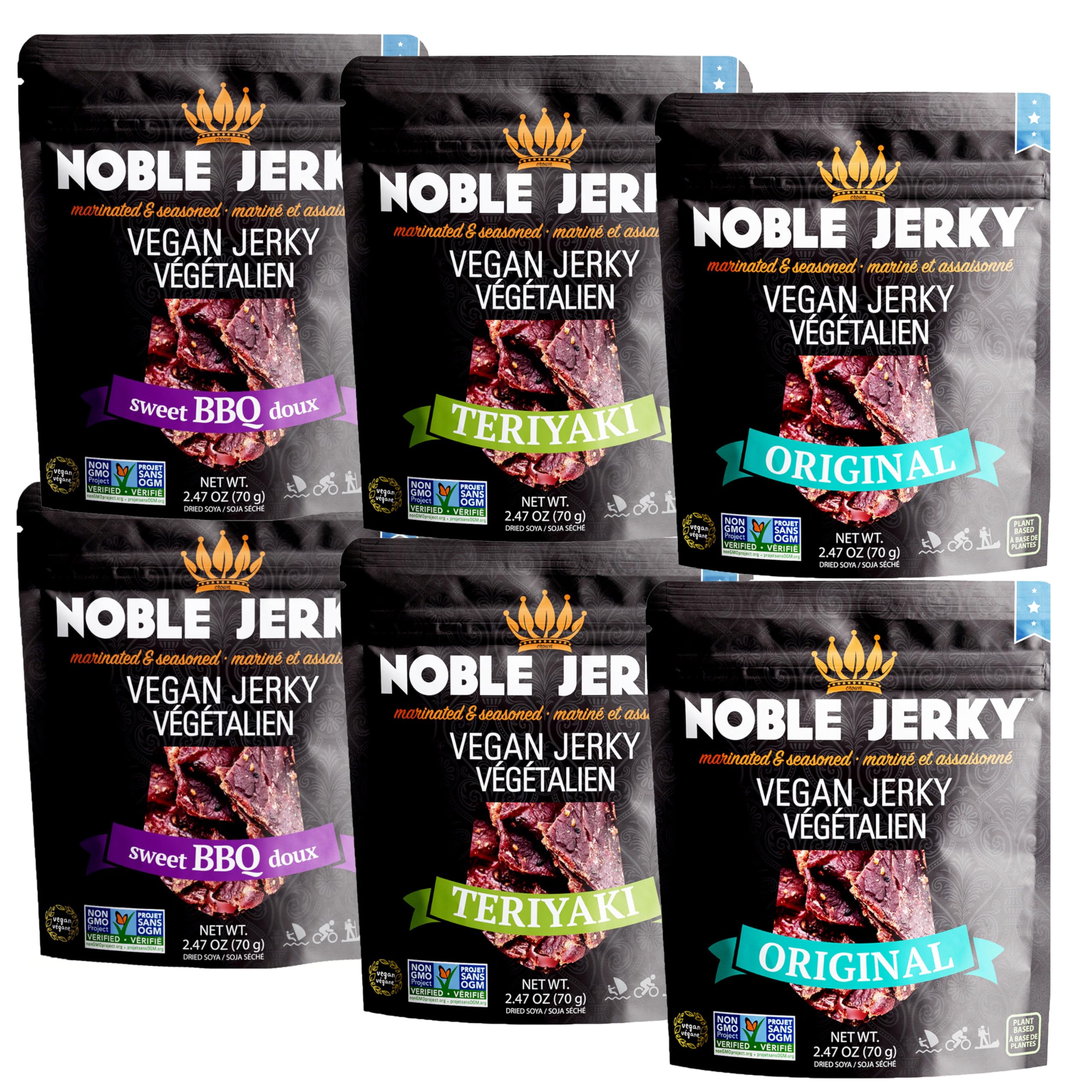 Noble Jerky – Vegan Jerky, Plant-Based High Protein Snack, Vegetarian, Non-GMO, 6-Pack Variety (2-BBQ, 2-Teriyaki, 2-Original), (70g Bags), 14g Protein Per Bag