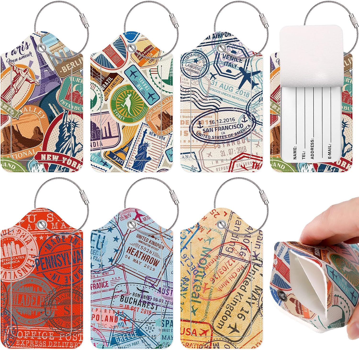 Dansydaisy 6 Pack Travel Stamp Luggage Tags for Suitcases Bulk Funny Luggage Tags PU Leather Suitcase Label with Loop Travel Privacy Name ID Card Cover Bag Set for Women Men