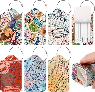 Dansydaisy 6 Pack Travel Stamp Luggage Tags for Suitcases Bulk Funny Luggage Tags PU Leather Suitcase Label with Loop Travel Privacy Name ID Card Cover Bag Set for Women Men