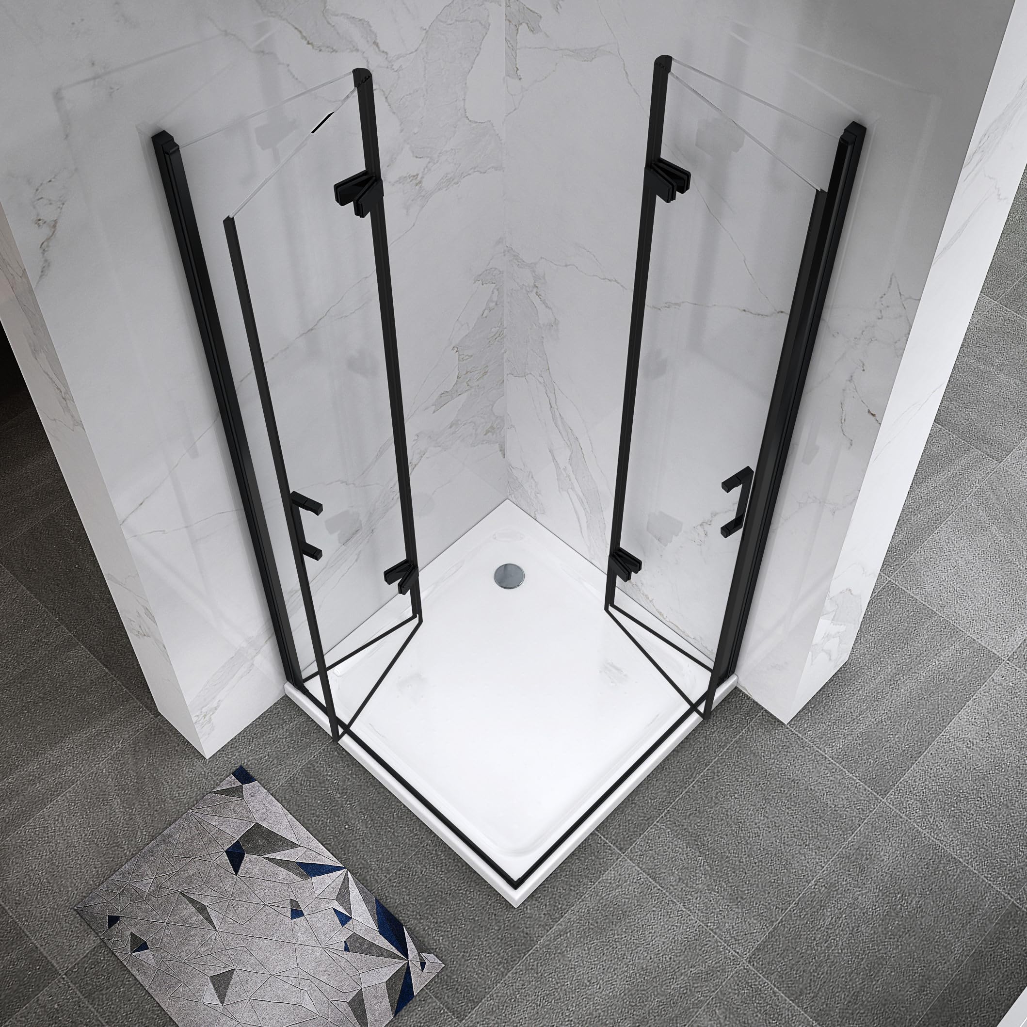 Mampara de Ducha Matilde | 75x75x190cm | REVERSIBLE | Puerta plegable | Ajuste 73,9-75,4 x 73,9-75,4cm | Perfiles Negros, Cristal transparente de 6 mm - Moments of Glass