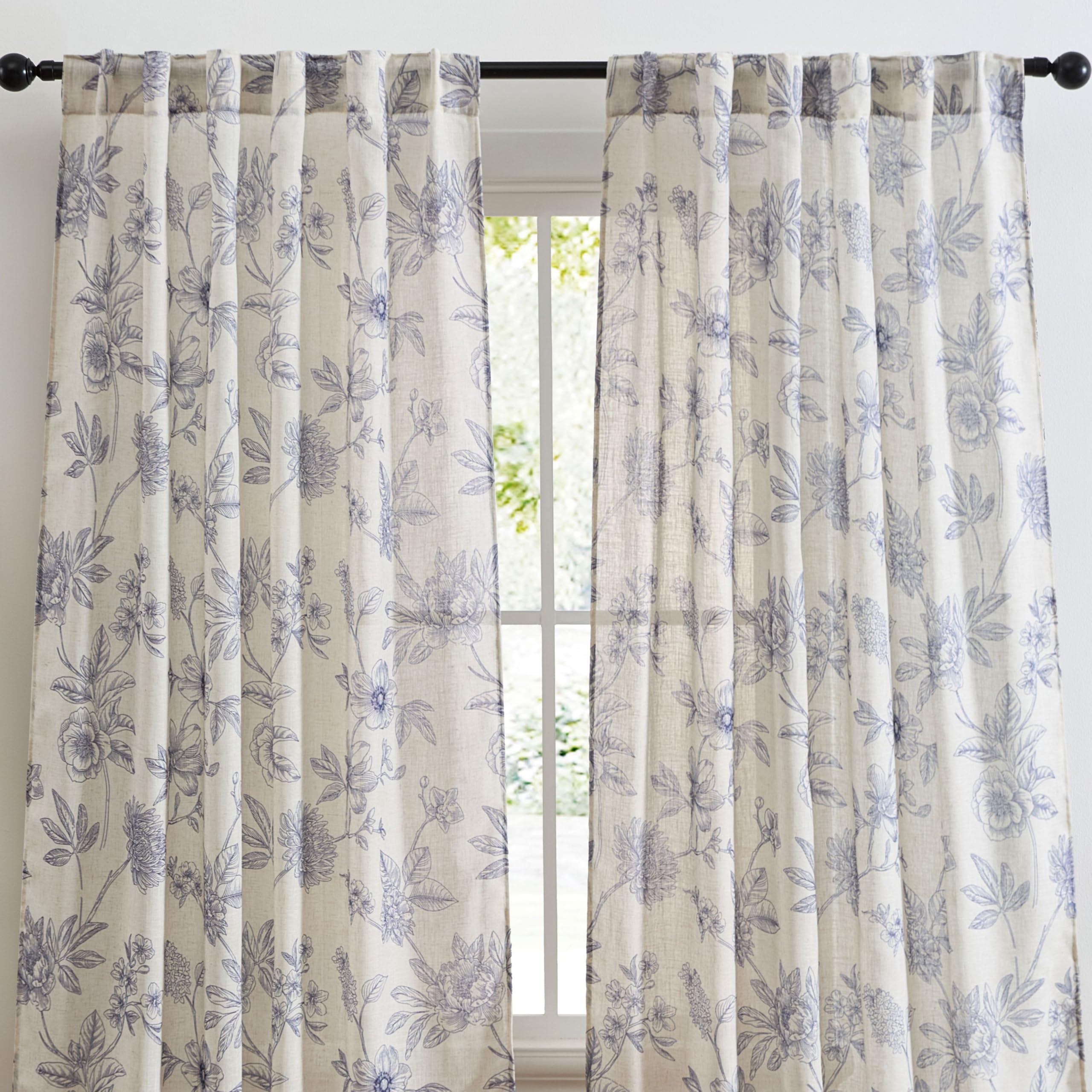 HLC.ME Brookville blue-and-rust floral linen curtain pair
