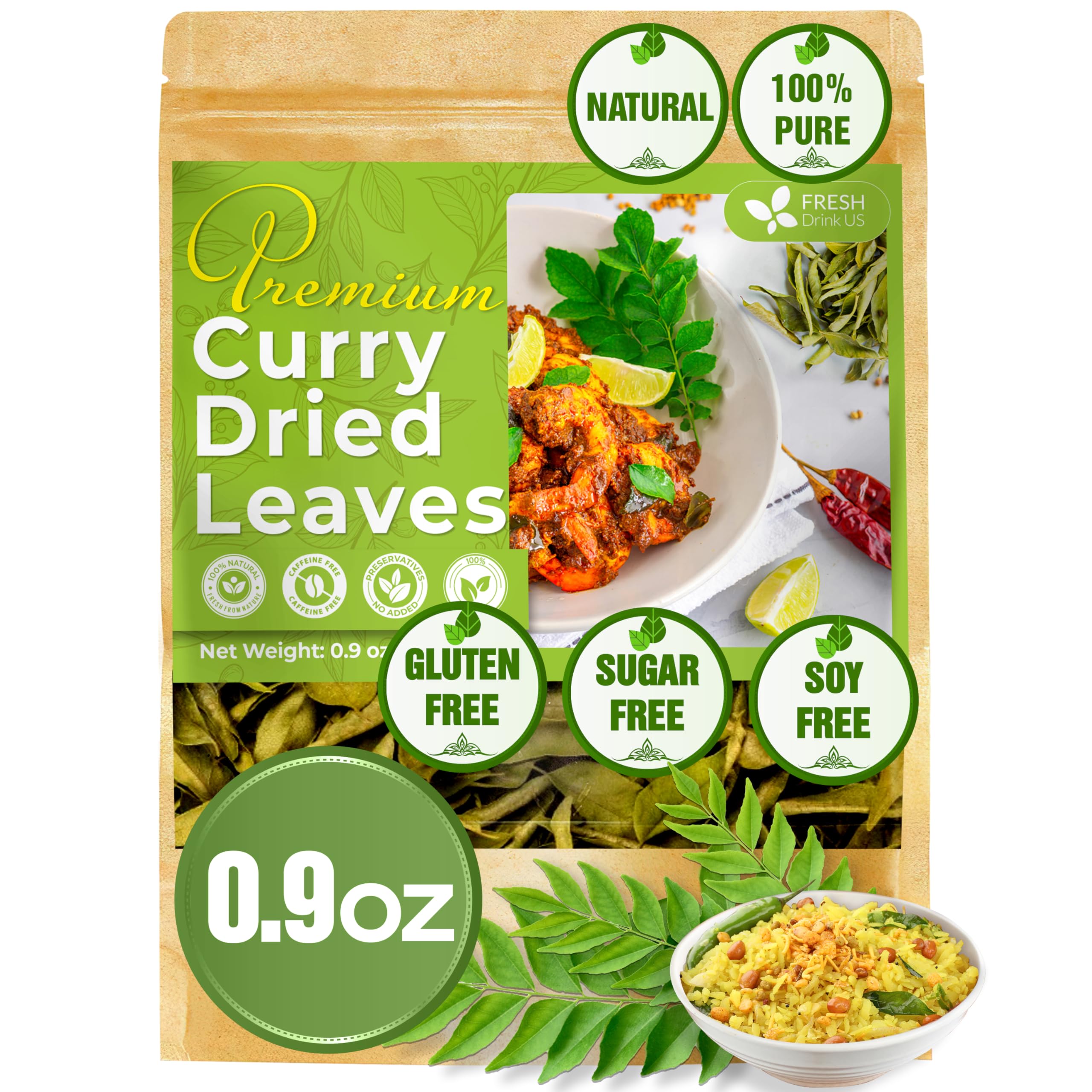 FreshDrinkUS, Premium 0.9oz Curry Leaves, Whole Dried Leaves, 100% Natural, Pure Curry Leaves, Hand-made, Wildcrafted, Indian Spice for Cooking, Curry Leaf Dried, No Additives, No Gluten, Vegan