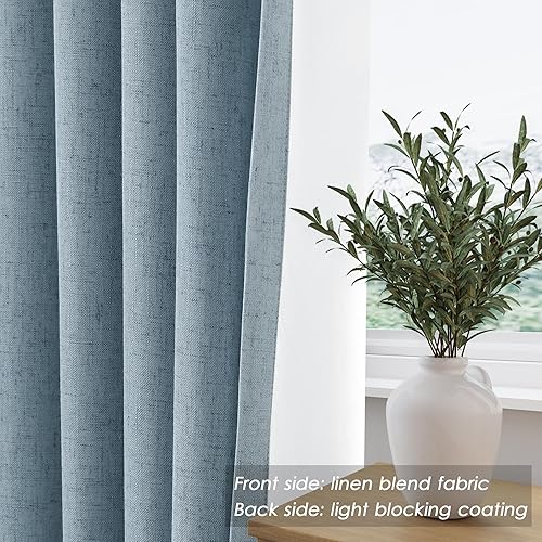 Miniatura 6 de Nanspring Cortinas opacas de lino azul 100% de 95 pulgadas de largo, con bolsillo para barra, cortinas opacas con aislamiento térmico y textura para