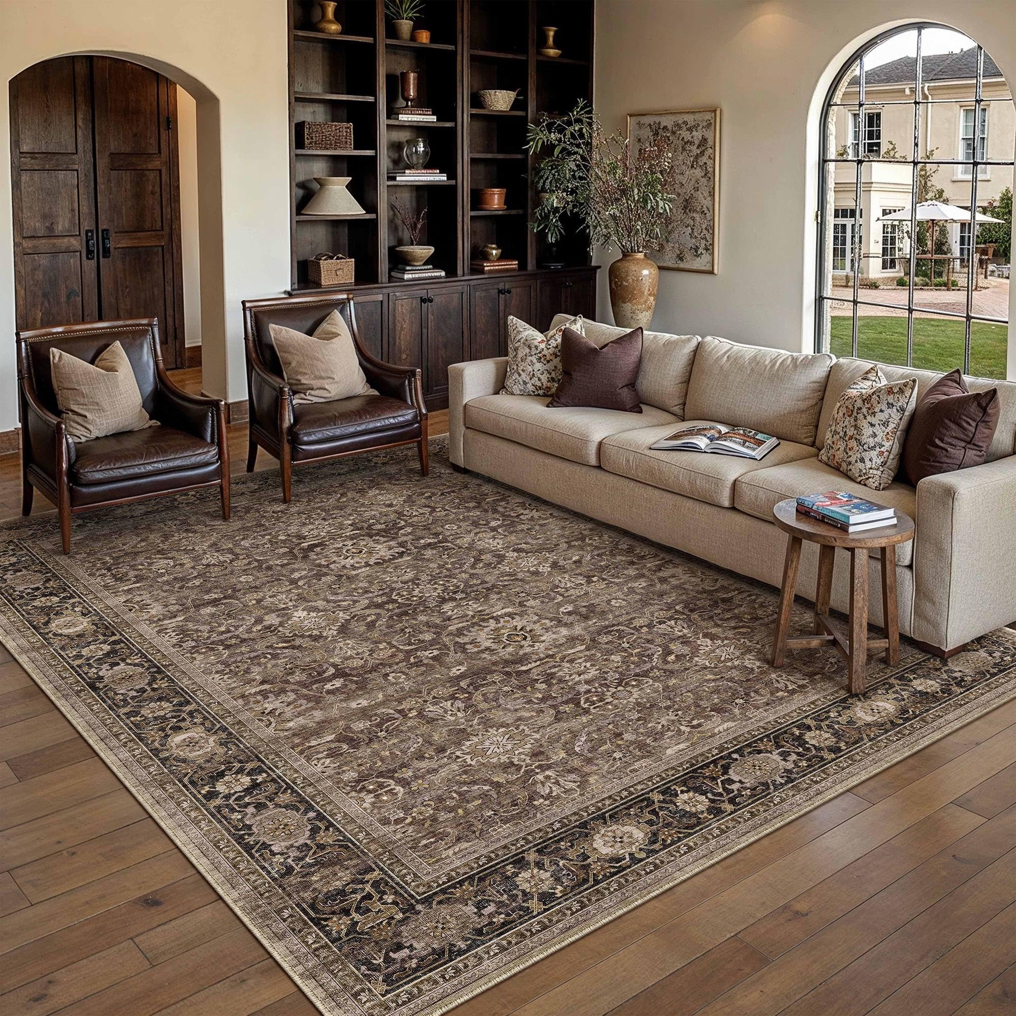 hugear 6x9 area rugs machine washable retro brown living room bedroom rug distressed vintage neutral stain resistant non slip low pile throw carpet for home aesthetic decor