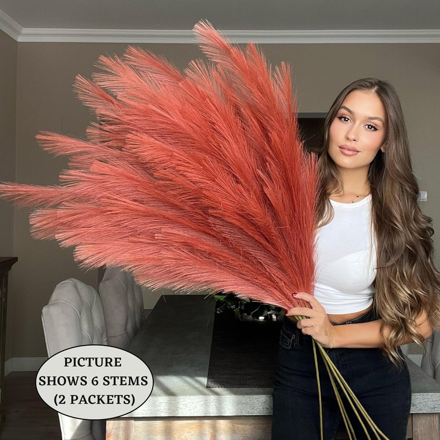 Burnt Orange Fake Artificial Faux Pampas Grass Large Bundle 3 Tall 115cm 45" Extra Fluffy Stems Decorative Branches for Artificial Floor Plant Vase Fillers for Boho Chic Home Living Room Decor