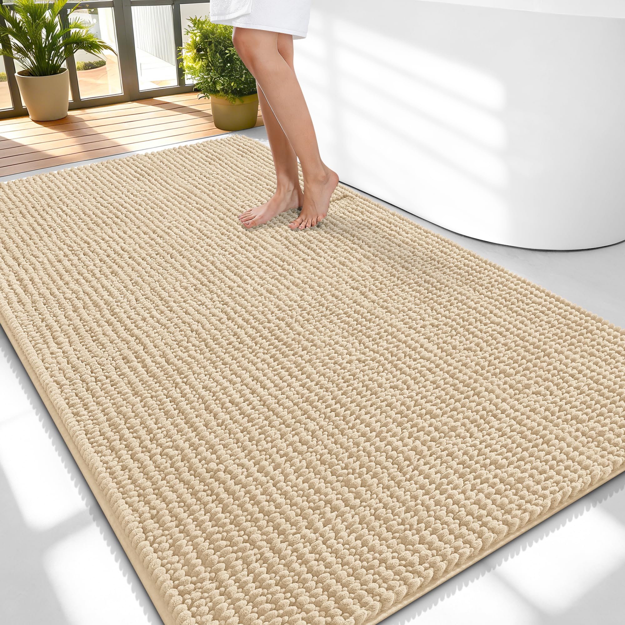 OLANLY Thick Chenille Large Bathroom Rugs 59x35, Absorbent Bath Mat, Beige