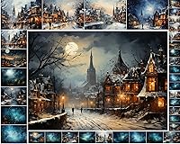 Vista 1 de Decoupage - Paquete de papel (35 hojas de 6 x 8 pulgadas), aldeas victorianas frías de invierno y cielos nocturnos increíbles, Navidad, FLONZ