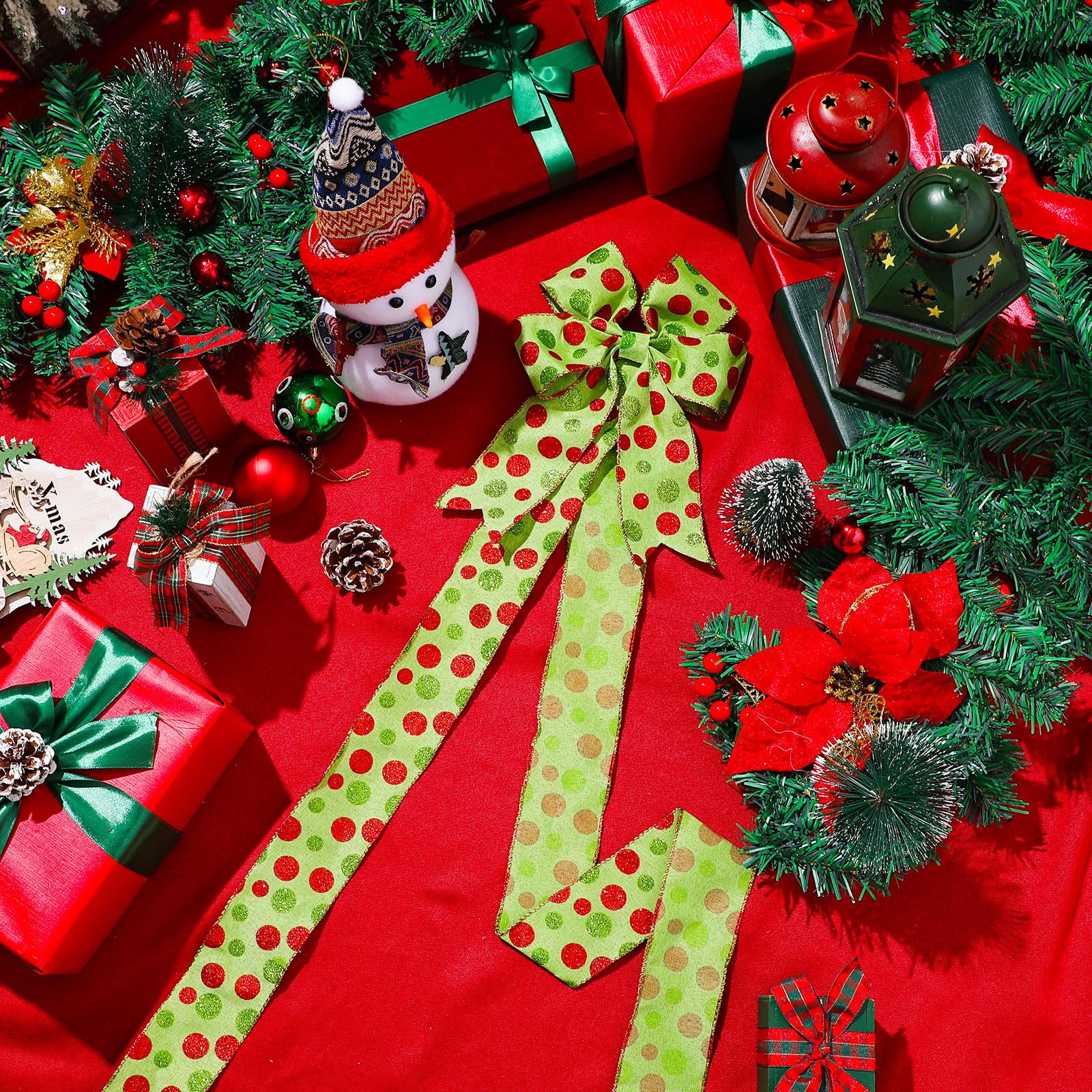 Hotop Set of 8 Christmas Cabinet Ribbon Bows with Pin Christmas Hanging Decoration Xmas Cabinet Door Bows for Kitchen Cabinets Xmas Festive Party Supplies(Polyester,Green and Red)