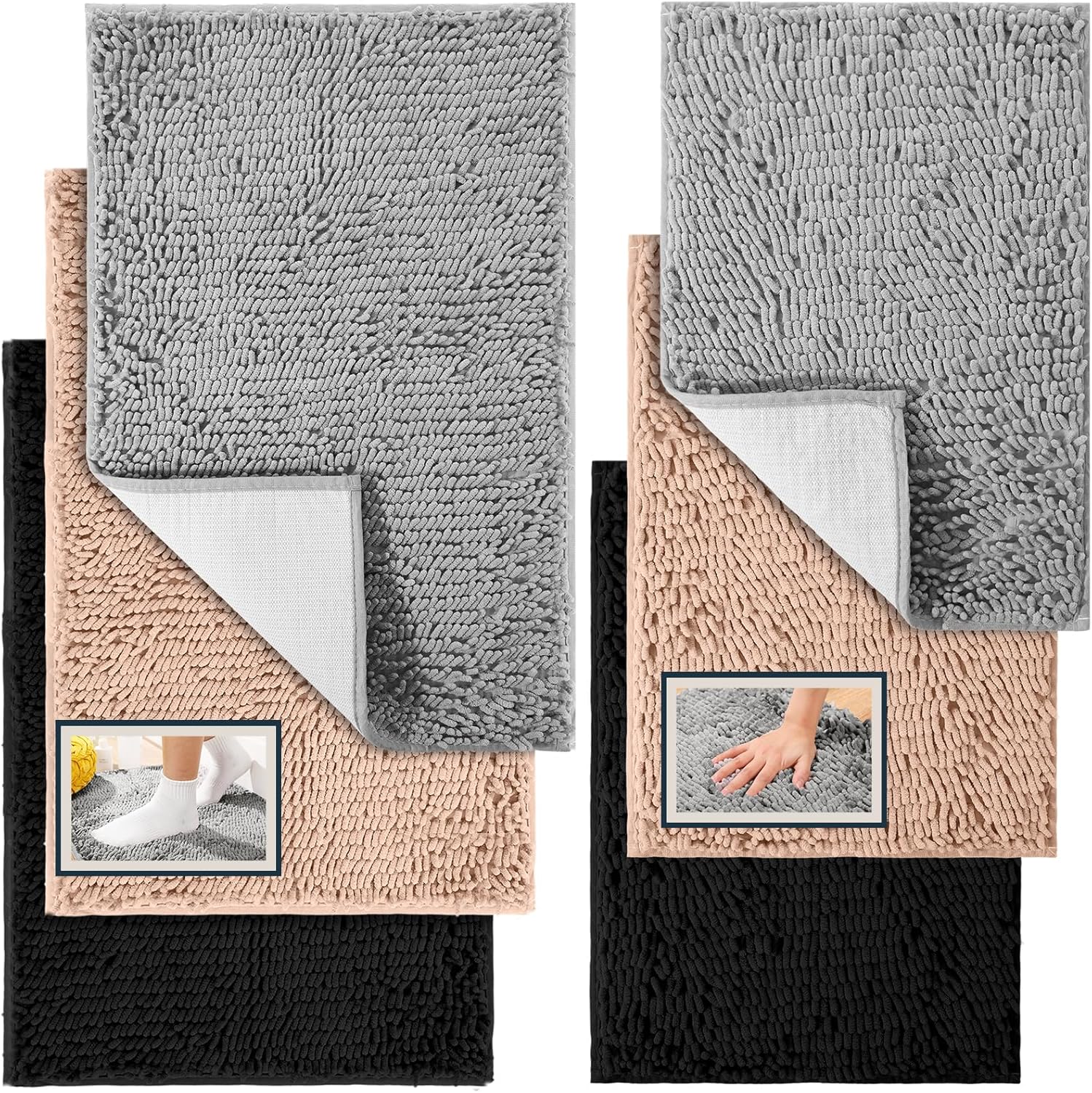 6 Pcs Chenille Bathroom Rugs Non Slip Bath Mats Set Soft Plush Bath Rugs Absorbent Bathroom Carpets Sets Shaggy Shower Mats Machine Washable for Floor, 32'' x 20'', 24'' x 16''(Camel, Grey, Black)