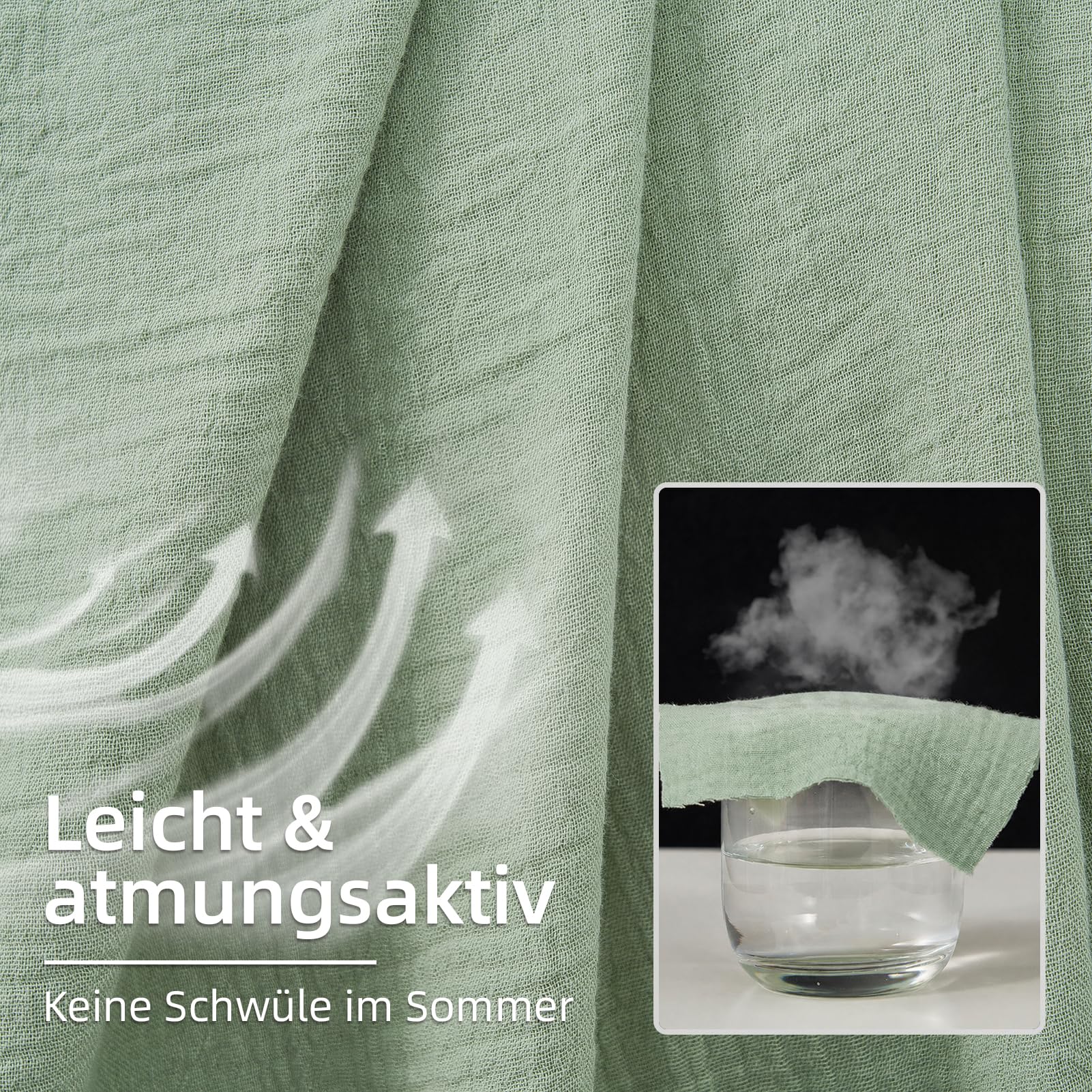 Musselin Bettwäsche 135x200 4teilig,ÖKO-TEX Baumwolle Bettwäsche 135x200 Grün,Extra Weich & Atmungsaktiv Bettwäsche-Sets 2 Bettbezüge 135x200 + 2 Kissenbezüge 80x80-alle mit Reißverschluss
