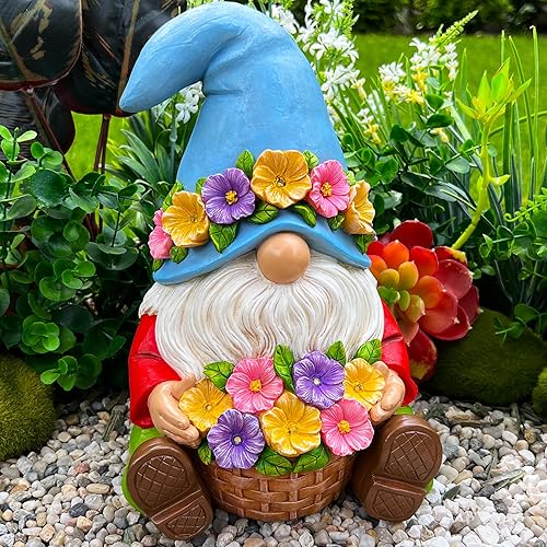 Miniatura 3 de Mood Lab Gnomo de jardín  Estatua solar de gnomo con cesta de flores  Estatua de césped de 9.25 pulgadas de alto con 8 luces LED  para decoración al