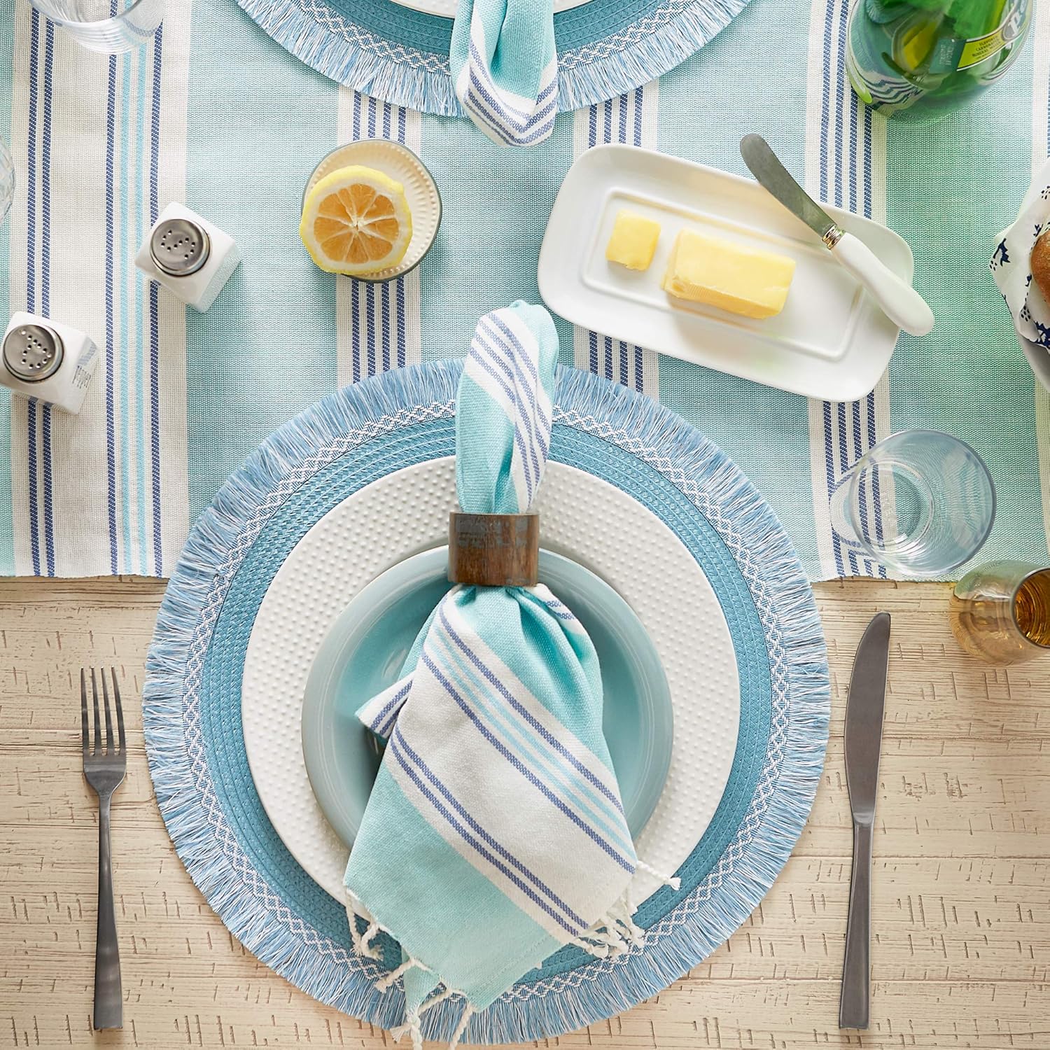 DII Woven Placemat Collection Round, 14.75" Diameter, Storm Blue Fringe, 6 Piece