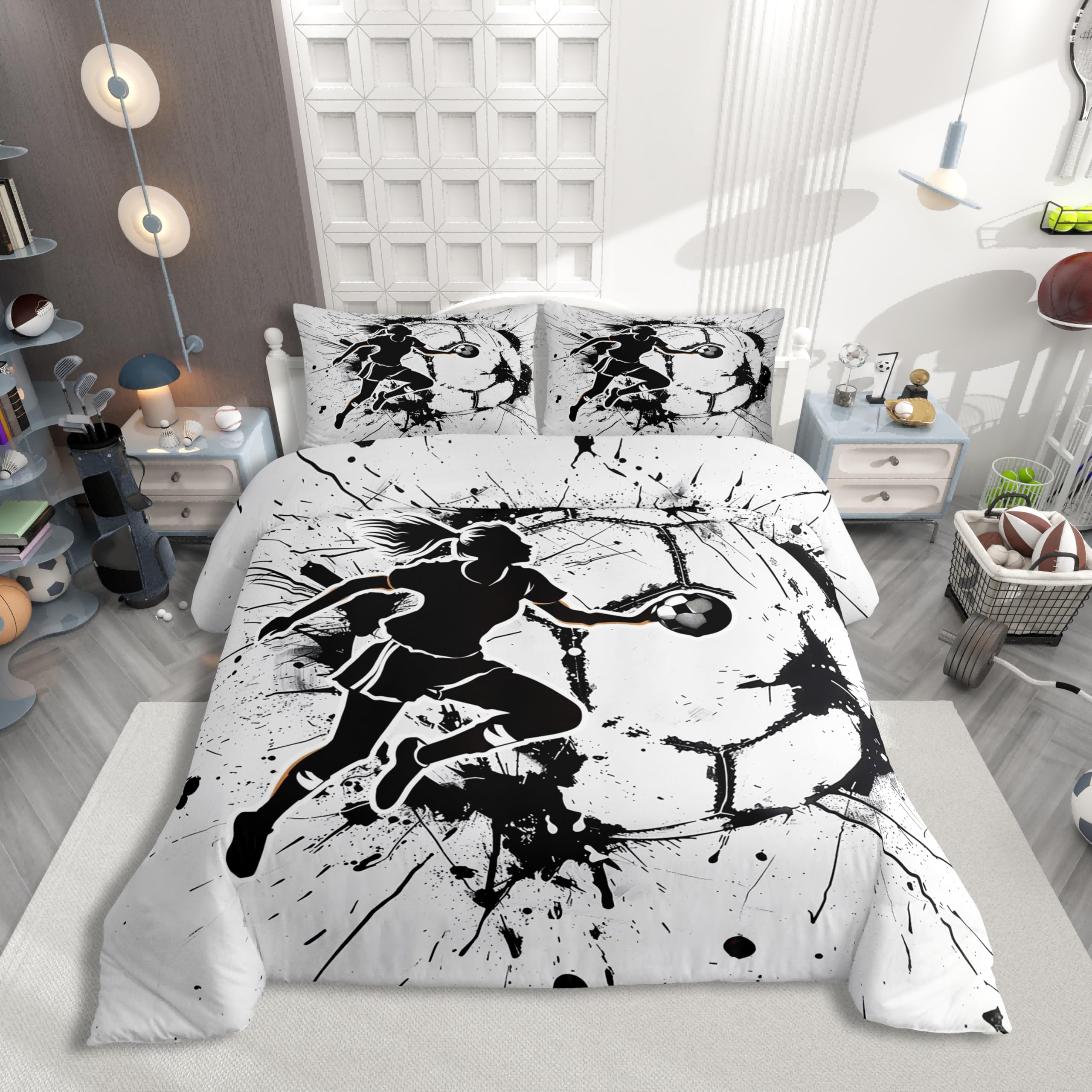 Homewish Handball Sport Thema Bettwäsche Jugendliche Erwachsene Kinder Sportliebhaber Ballspiele Bettbezug 135x200 Mädchen Athleten Silhouetten Bedding Ink Splash Graffiti Weiß Schwarz Bettwäsche Set
