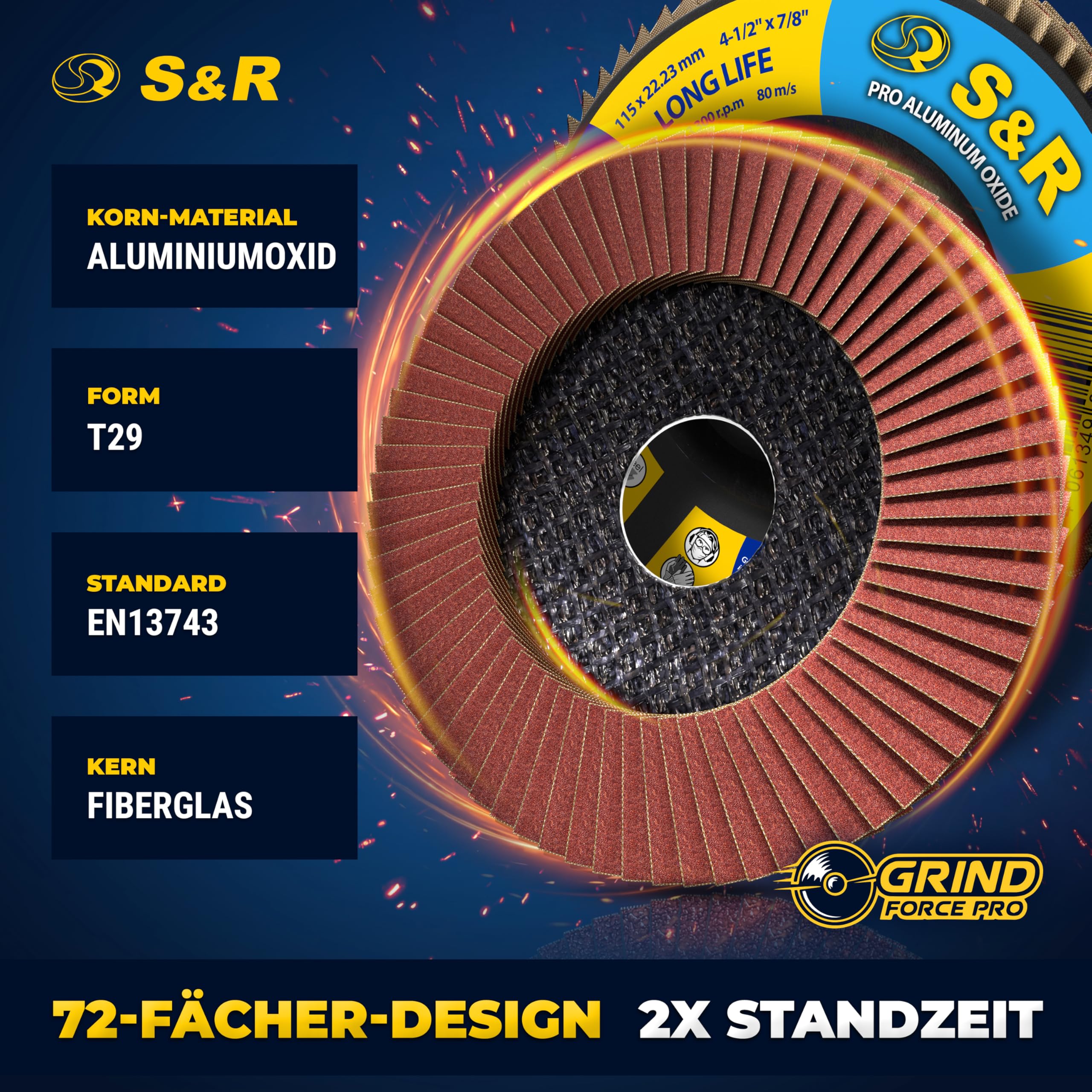 S&R Fächerschleifer Set 20 St., 115 x 22,23 mm, PRO ALUMINIUM OXID, T29, Fächerschleifscheiben, Lamellenschleifer, Schruppscheiben für Holz und Metall, je 5x Körnung P40/60/80/120