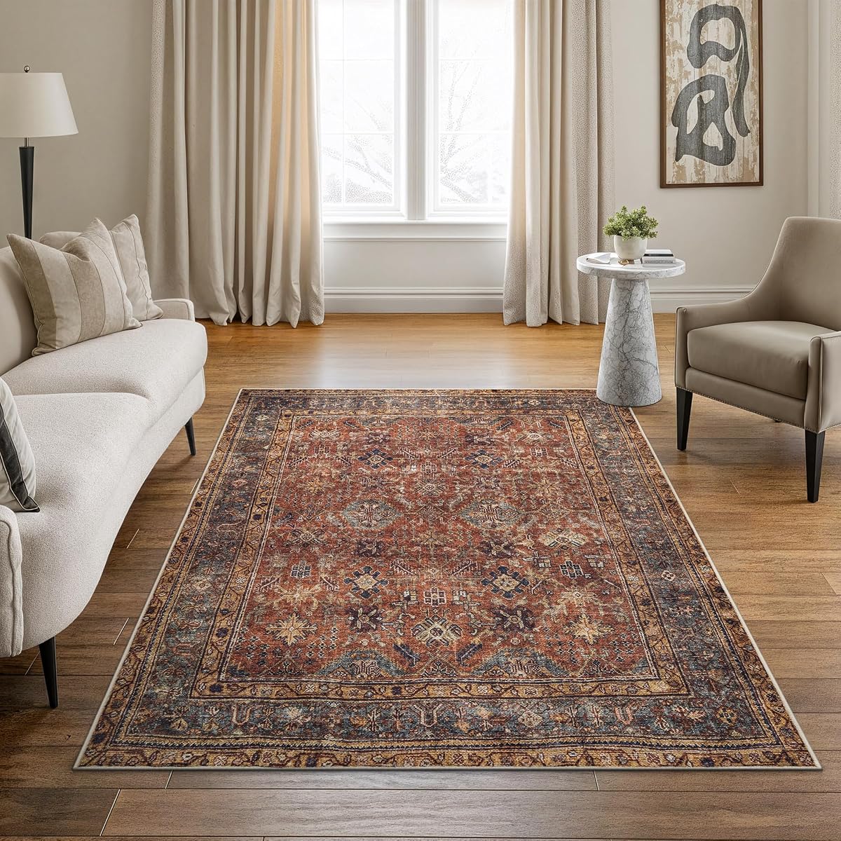 Alfombras Bloom Alfombra lavable antideslizante de 5' x 7' - Terracota/mostaza Alfombra tradicional para sala de estar, dormitorio, comedor y cocina - Tamaño exacto: 5' x 7'