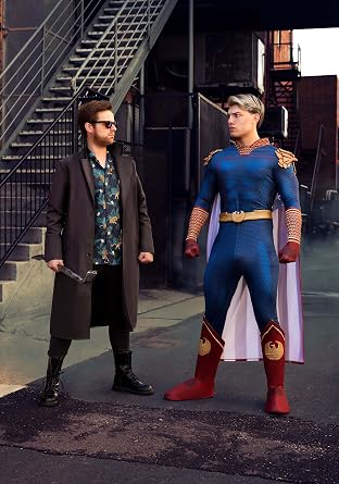 Adult Homelander Costume | Men's The Boys Vought Supe Blue Superhero Uniform Jumpsuit w/Flag Cape & Eagle Epaulets
