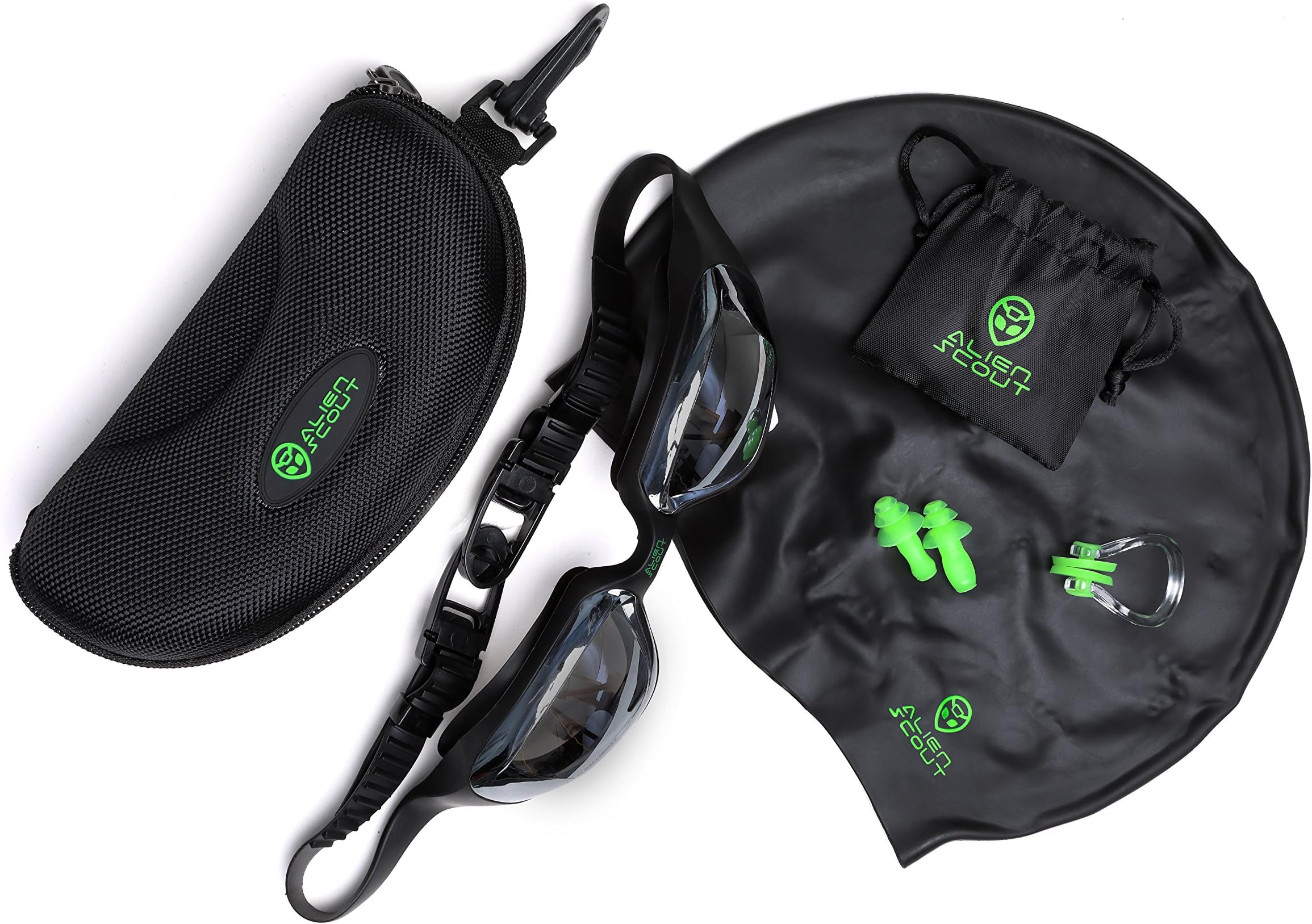 Alien Scout Swim Goggles and Swimming Gear (5-Piece Set) Includes Cap, Nose Clip, Earplugs and Drawstring Bag | Anti-Fog and UV Safe Lenses | Adult Gear for Beach, Lake, Pool or River.