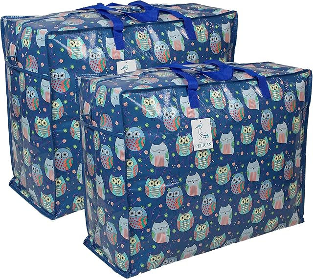 Storage Bags Water & Dust Resistant. Double zipped storage bags for toys, laundry, bedding. Underbed Wardrobe Space Saver Sleepy Owls print (65 ltr 2x Pack)