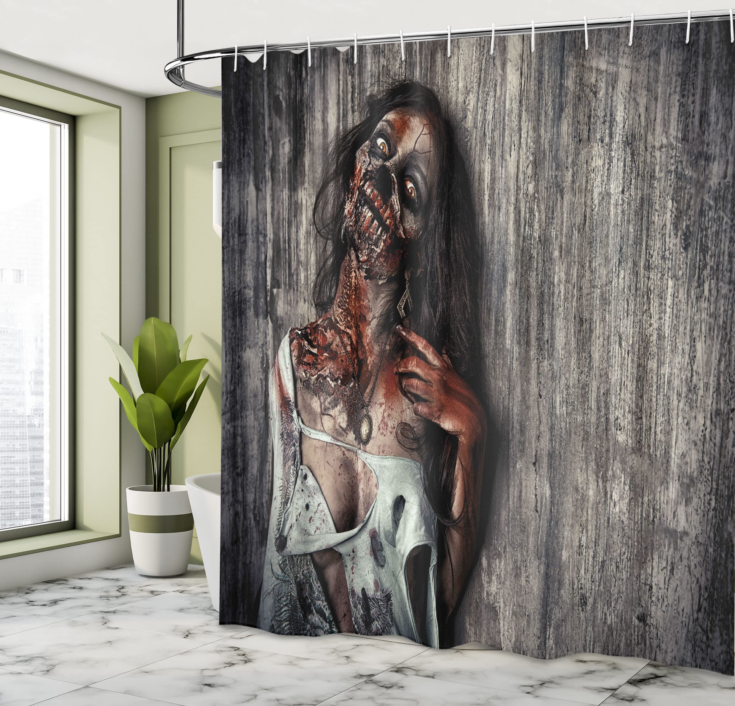 ABAKUHAUS Zombie Shower Curtain, Angry Dead Woman Sacrifice Fantasy Design Mystic Night Halloween Image - Image 4
