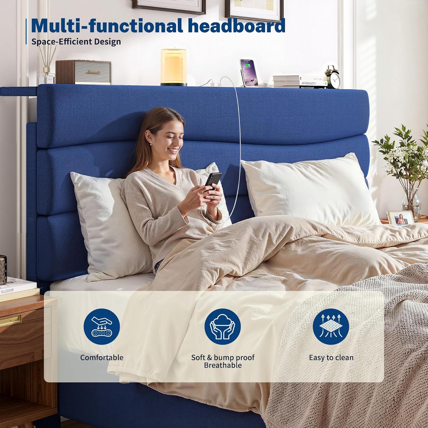 EnHomee Twin Size Bed Frame, Upholstered Bed Frame Twin Size with Charging Stations, Storage Headboard Adjustable, Bedroom, Apartment, Dorm, Noise-Free, No Box Springs Needed,Navy Blue