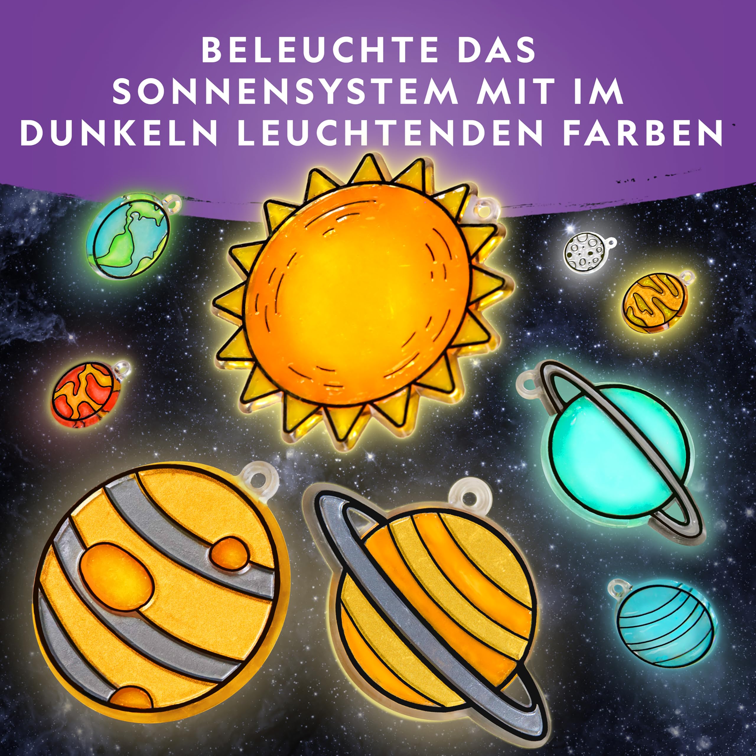 Blue Marble NATIONAL GEOGRAPHIC Fensterkunst-Kit für Kinder – Bastelset Sonnensystem im Glasmalerei-Stil mit leuchtenden Planeten, als Fensterbild oder Mobile für Decke & Weltraum-Deko verwenden