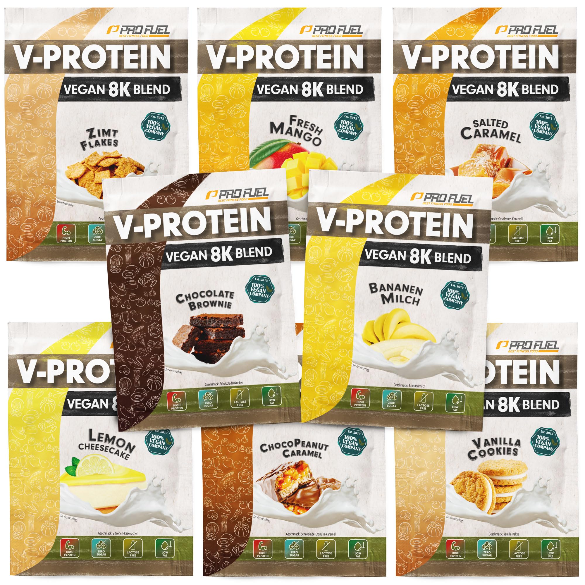 Vegan Proteinpulver Probenpaket 16x30 g Mix-Pack - alle Geschmacksvarianten in einer Mix-Box – 2 Proben je Geschmack – unglaublich lecker - pflanzliches Protein mit 73-81% Eiweiß | V-PROTEIN 8K Probe