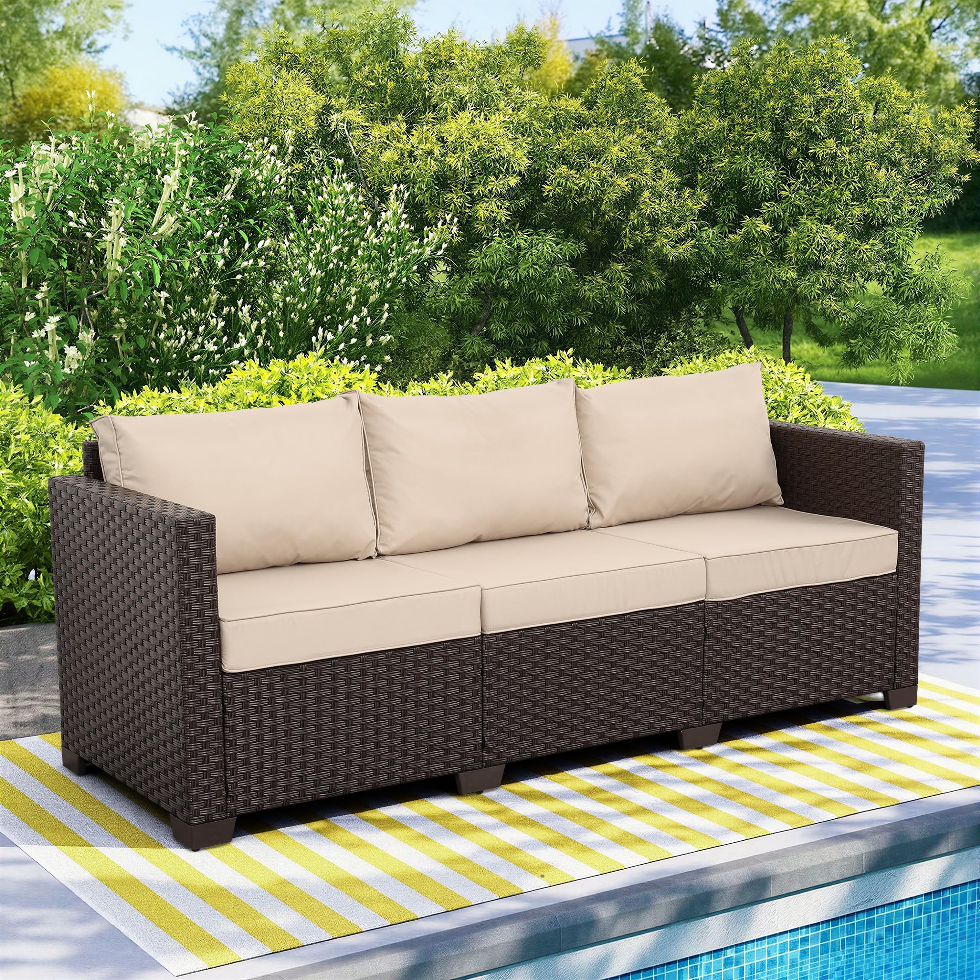 Best Outdoor Sofa Picks for 2026 2 WAROOM Patio Couch PE Rattan 3-Seat Outdoor Sofa with deep seating and beige cushion