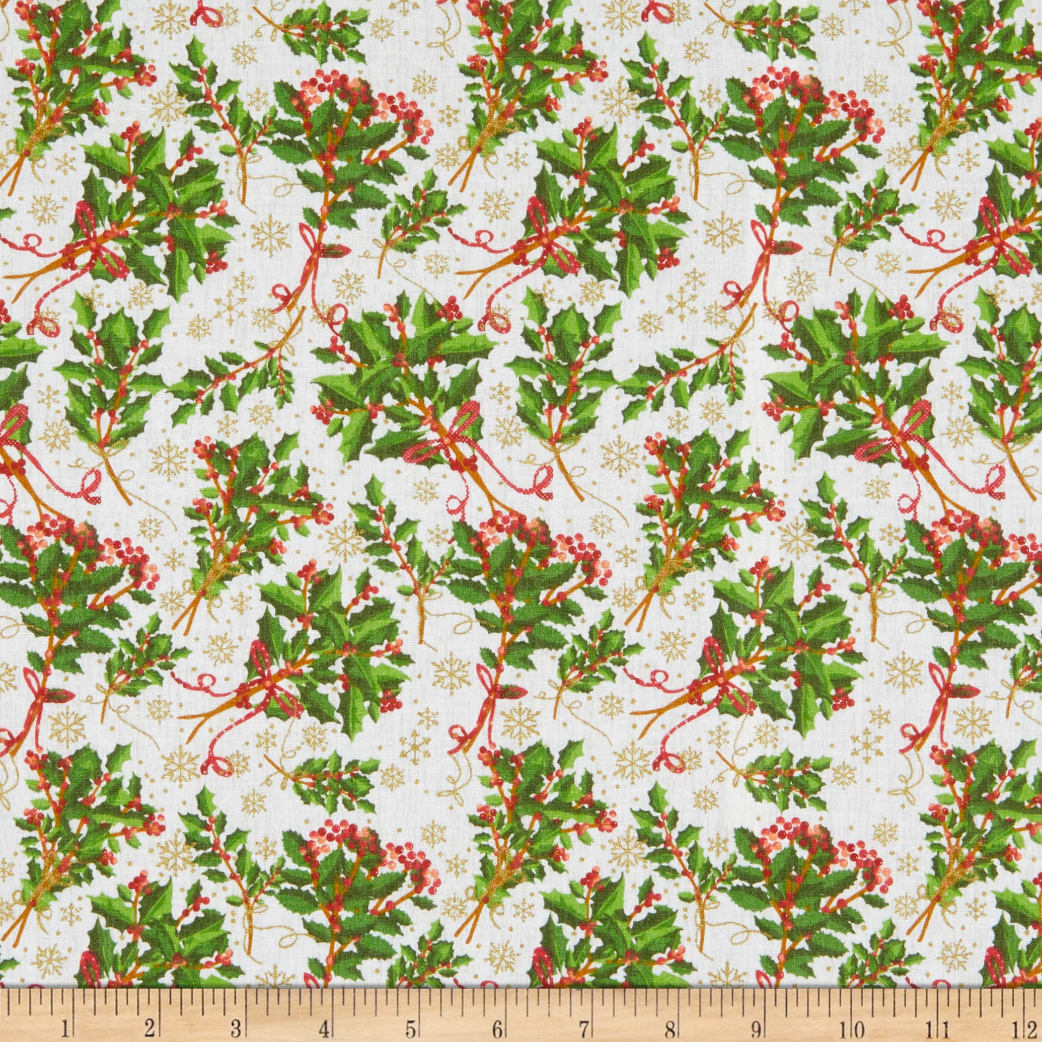 Buy Tis the Season Metallic Holly Ivory/Gold, Quilting Fabric by the