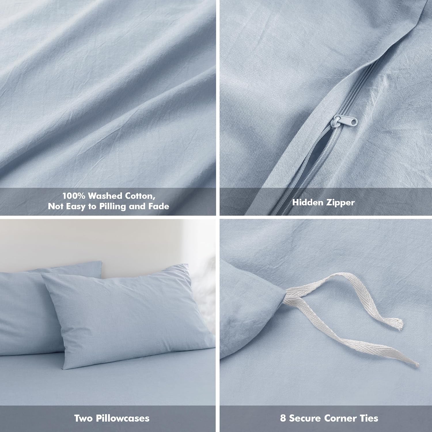 FOSSA Duvet Cover Set 100% Washed Cotton Linen Feel Super Soft Breathable Cozy 3 Pieces Bedding Sets Solid Sky Blue King - Image 6