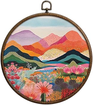 Mountain Boho Wall Decor, Colorful Round Artwork for Wall, Abstract Colorful Office Decor, Round Boho Home Decoration, Circular Hanging Art with Hooks for Living Room Bedroom Kitchen Dorm Decoration,