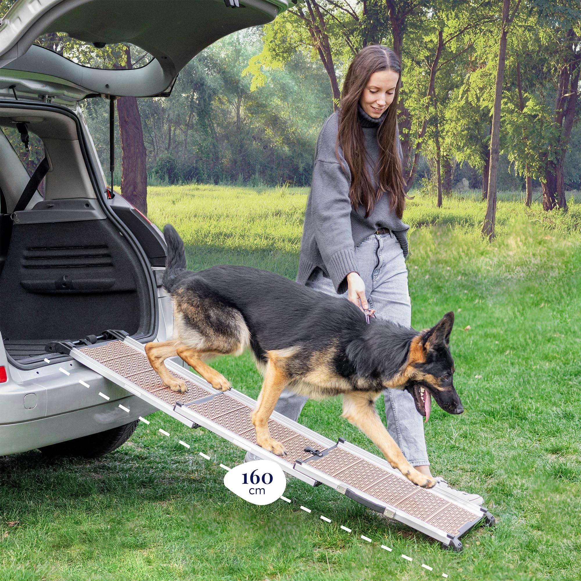 Rampa para Perros para Coche - Estable - Antideslizante - 90 kg de Capacidad - Rampas Extensibles para Perros Grandes - Laterales Reflectantes - Escalera Ligera para Perros - Clip de fijación - Arena