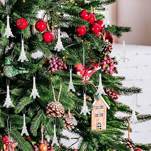 Miniatura 3 de Thyle 24 adornos para árbol de Navidad de la Torre Eiffel, decoraciones plateadas con purpurina de París, adornos colgantes de la torre Eiffel de