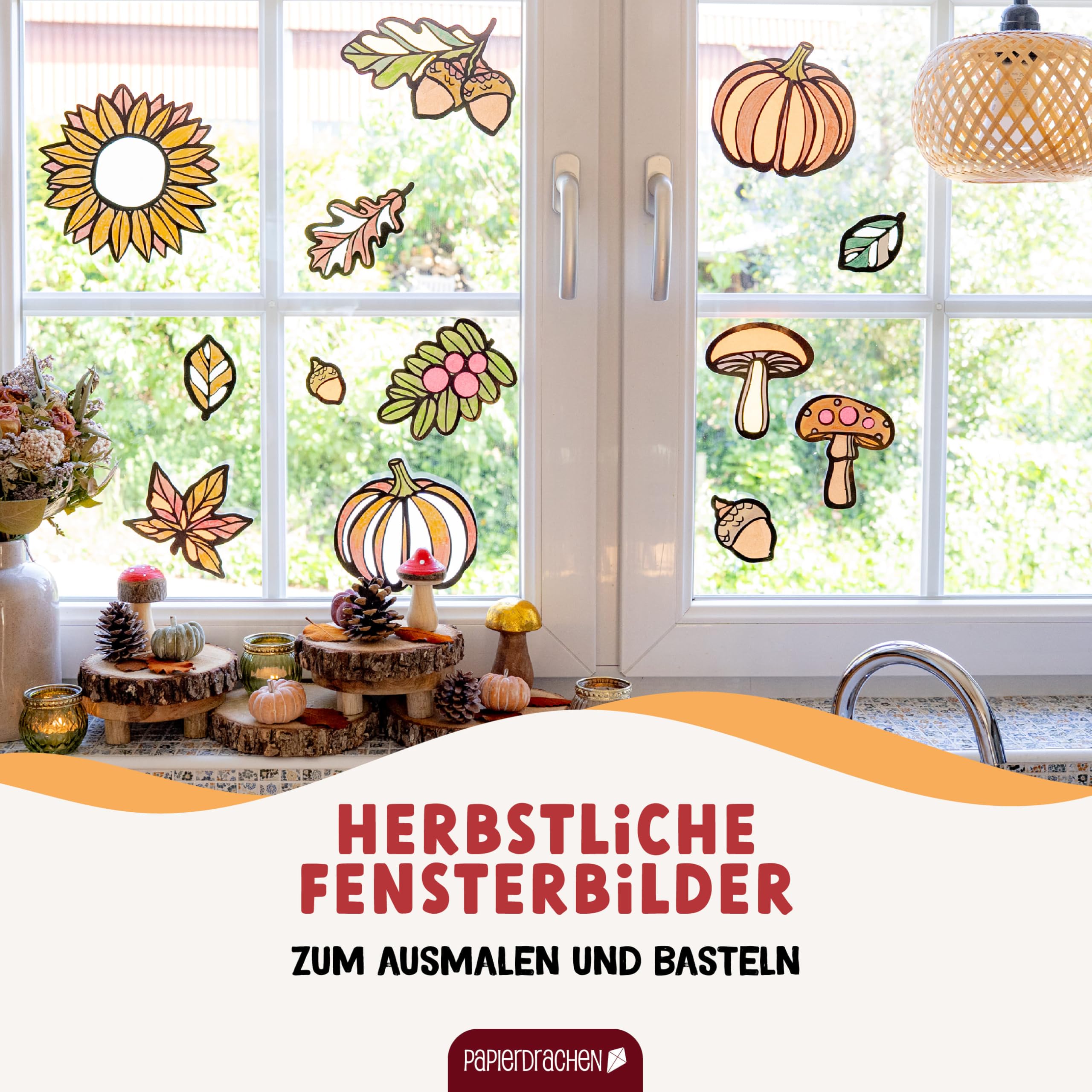Papierdrachen Window Stickers for Colouring, Pumpkin, Leaves, Mushrooms, 8 Designs, Autumn Craft Set - Image 2