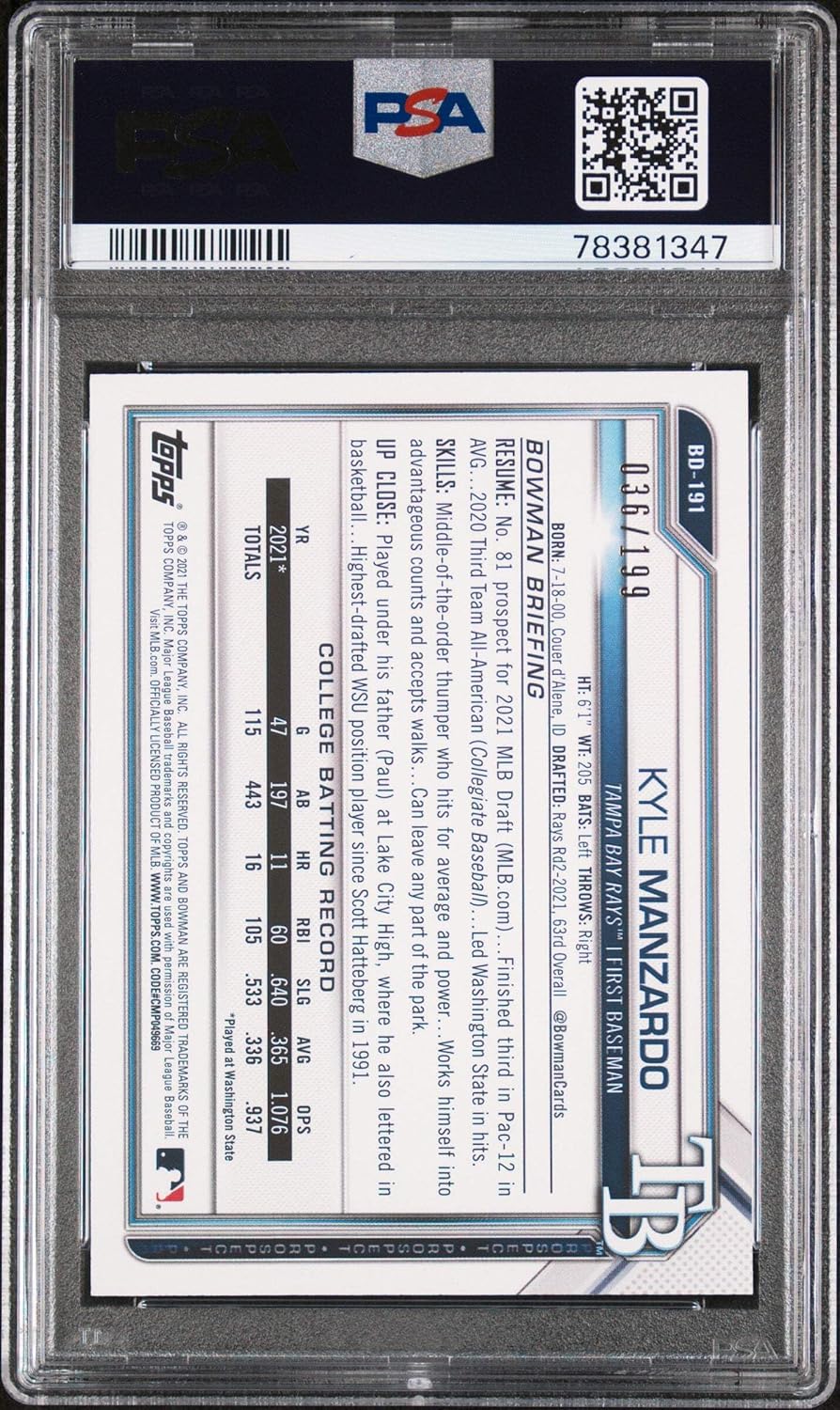 Graded 2021 Topps Bowman Draft Kyle Manzardo #BD191 Aqua #/199 Rookie RC Baseball Card PSA 10 Gem Mint