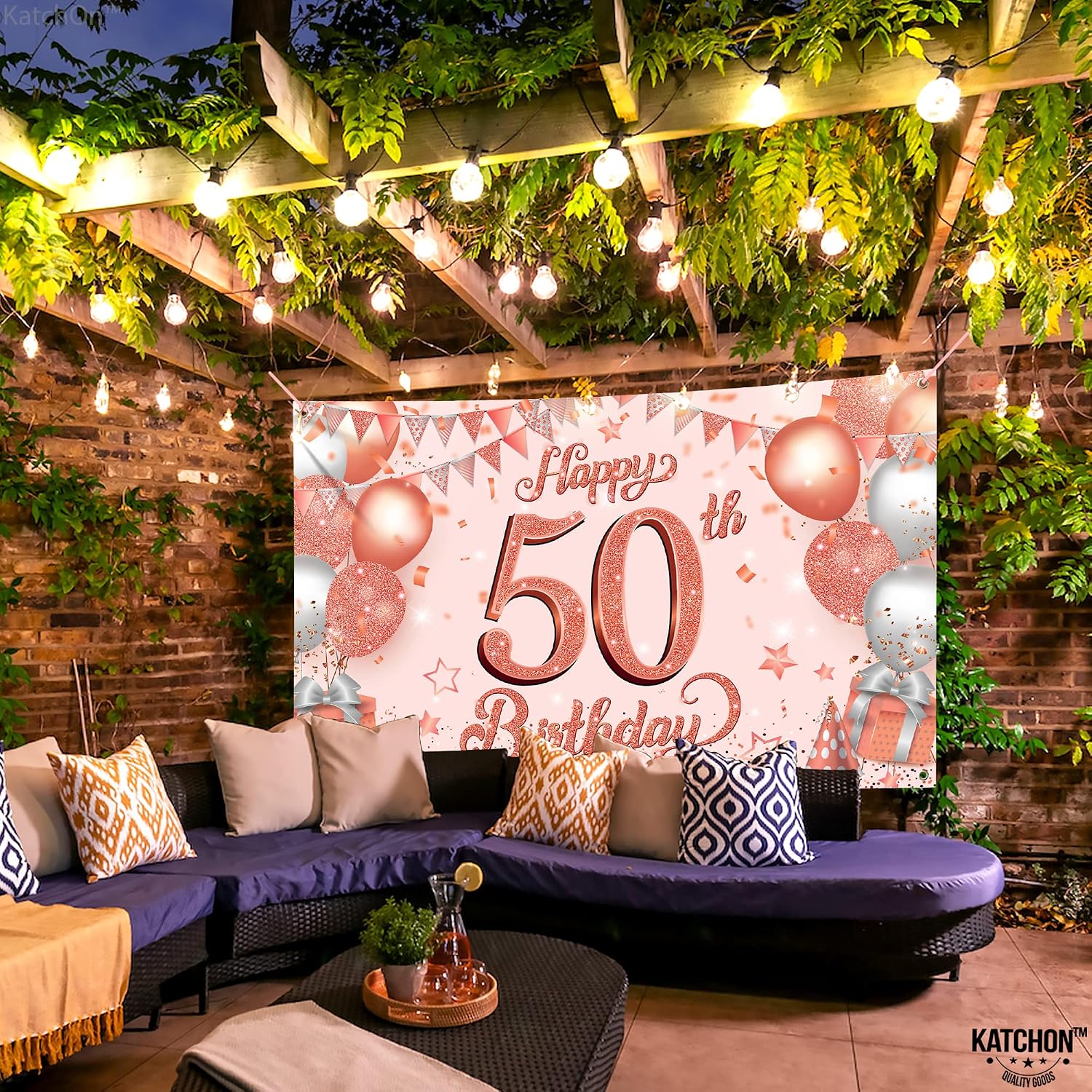 KatchOn, Xtralarge Rose Gold Happy 50th Birthday Banner - 72 X 44 Inch, Reusable, Water Resistance - 50th Birthday Decorations for Women