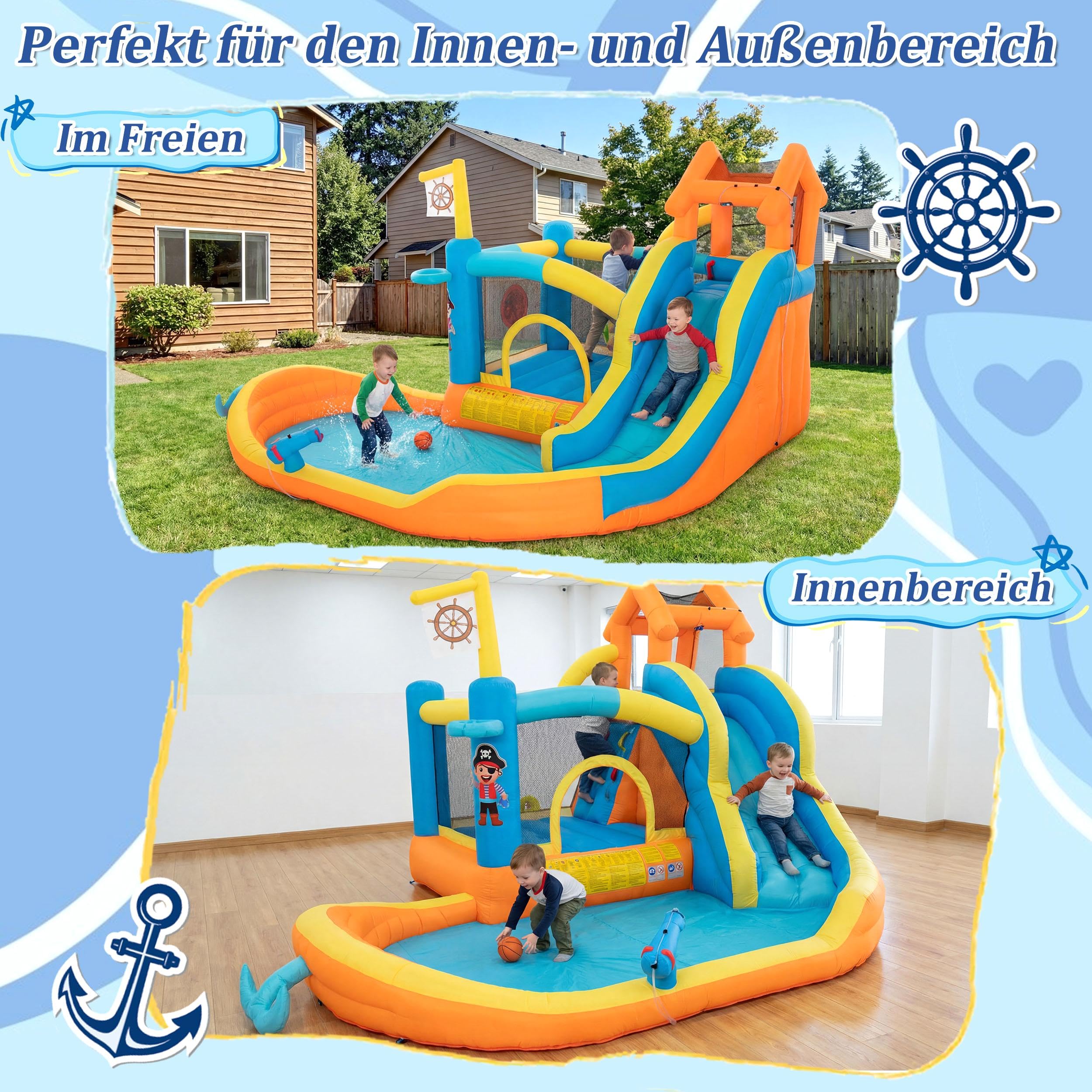 UEV Aufblasbare Hüpfburg XXL Indoor & Outdoor mit Gebläse 450W, extra breiter Wasserrutsche, für Kleinkinder (3-10 Jahre), EN71-1/2/3, Kindergeburtstag (414 x 364x 244 cm)