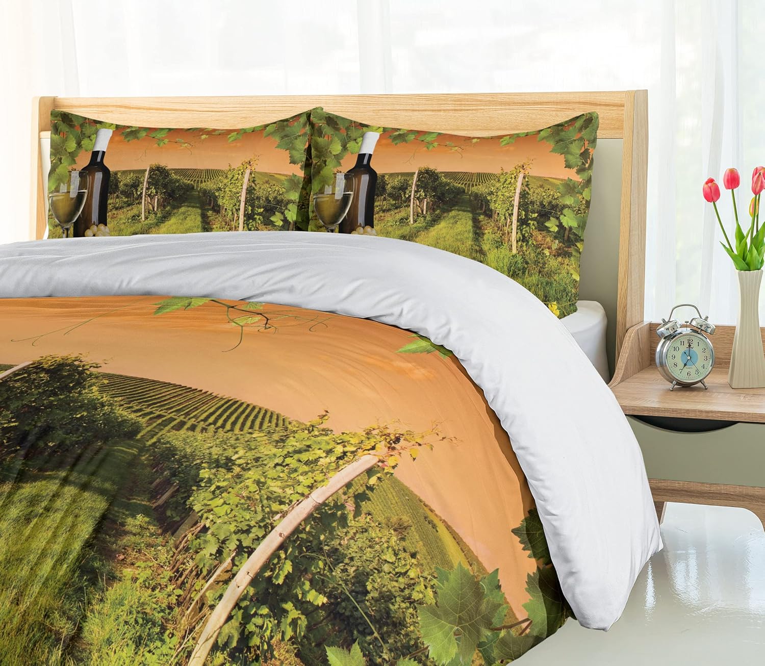 Ambesonne Winery Duvet Cover Set, Bottle and Glass of Wine and Vineyards of Sunset Countryside Romantic Evening View, Decorative 3 Piece Bedding Set with 2 Pillow Shams, Queen Size, Green Orange