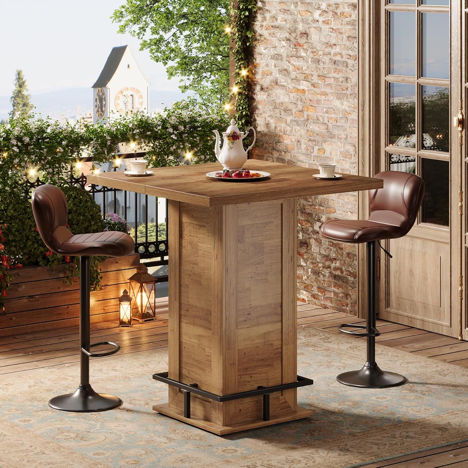 Tribesigns 39.4" H Square Bar Table, Industrial High Top Bistro Pub Cocktail Table with Metal Footrest for Kitchen Nook, Home Bar, Small Bars, Rustic Brown (Table Only)