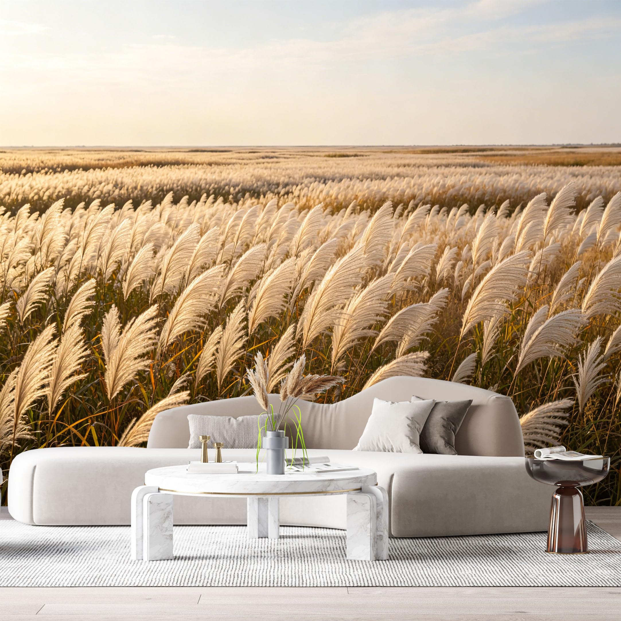 Custom Size Wall Murals Sunset Field Landscape Botanical Reeds Golden Meadow SelfAdhesive Wall Fabric Removable Large Wallpaper for Photo Living Room