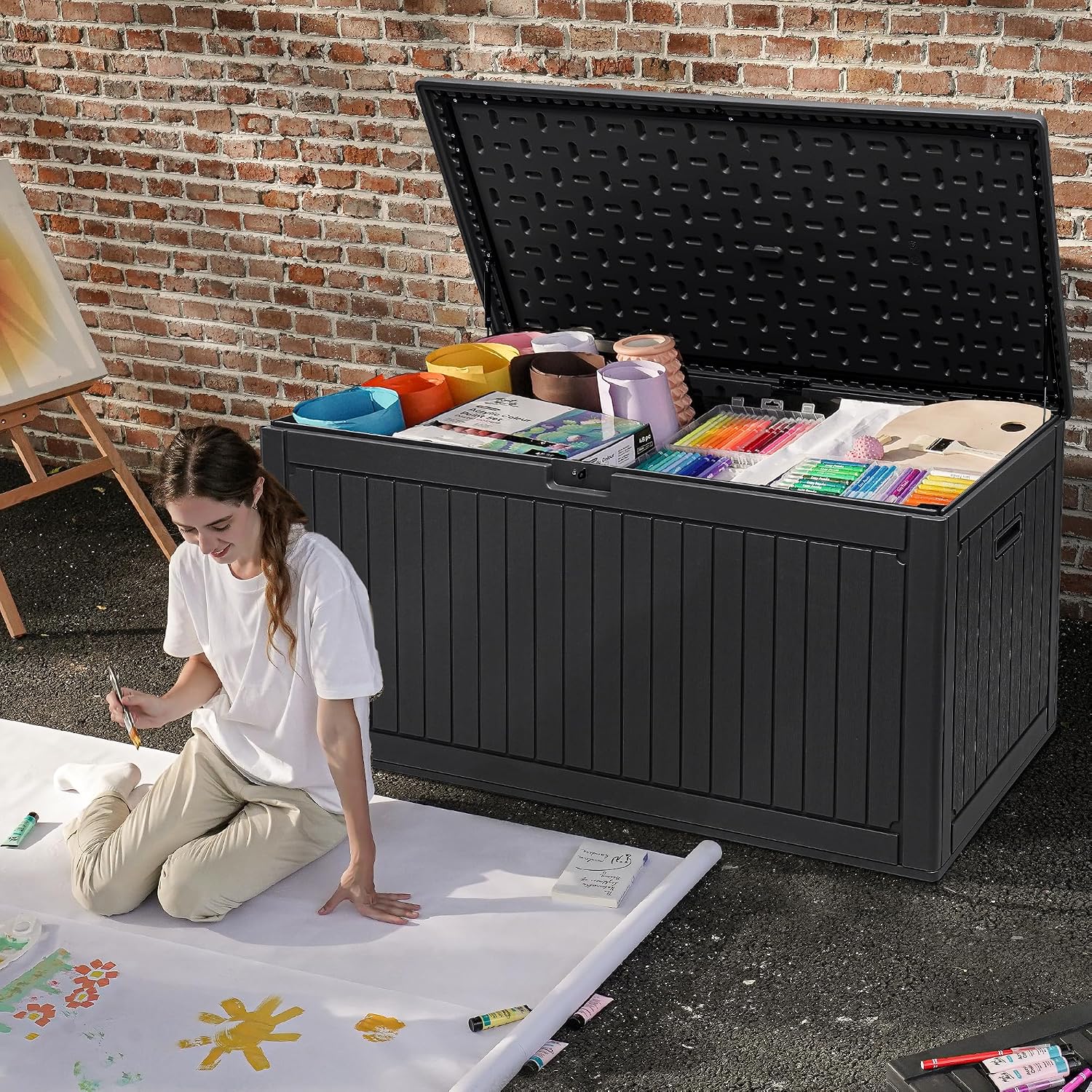 DWVO 260 Gallon Double-Wall Deck Box with Divider, XXL Extra Large Resin Outdoor Storage Box, Lockable & Waterproof, Double as Seating, 1000lbs Capacity (Black)