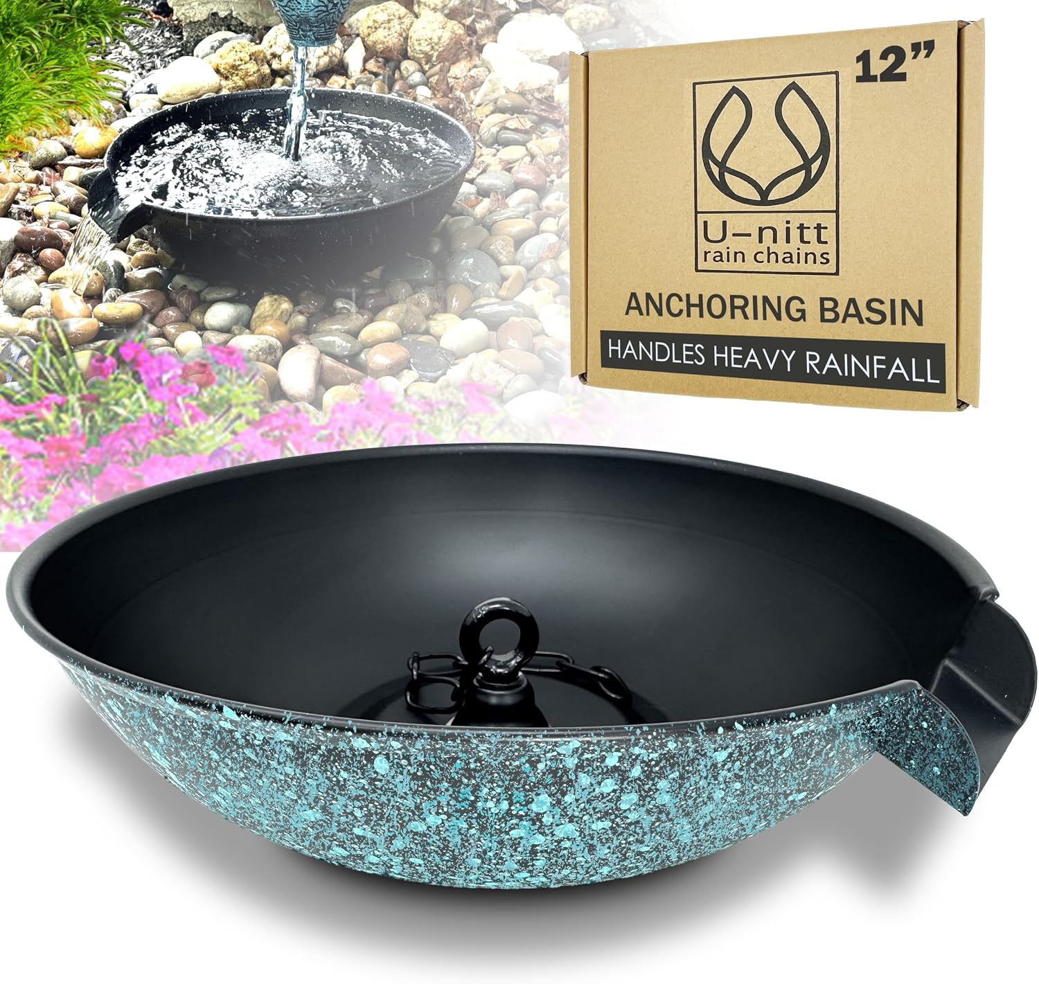 U-nitt 12" Spill Bowl Downspout Catch Basin for Rain Chain Anchoring & Stake | Rainwater Collection for Roof |Gutter Catch Basin | Good for Water Fountain & Birdbath | Patina | Handles Heavy Rain