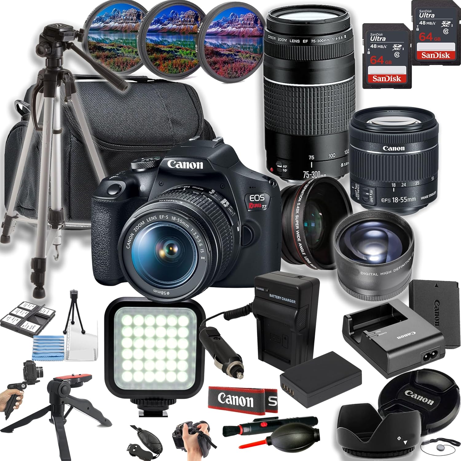 Canon EOS Rebel T7 24MP DSLR Camera + 18-55mm & 75-300mm Lenses+ LED Light + 128GB Memory + Lenses + Filters + Case + Tripod + Grips + Added Power, and More (28pc Bundle) (Renewed)