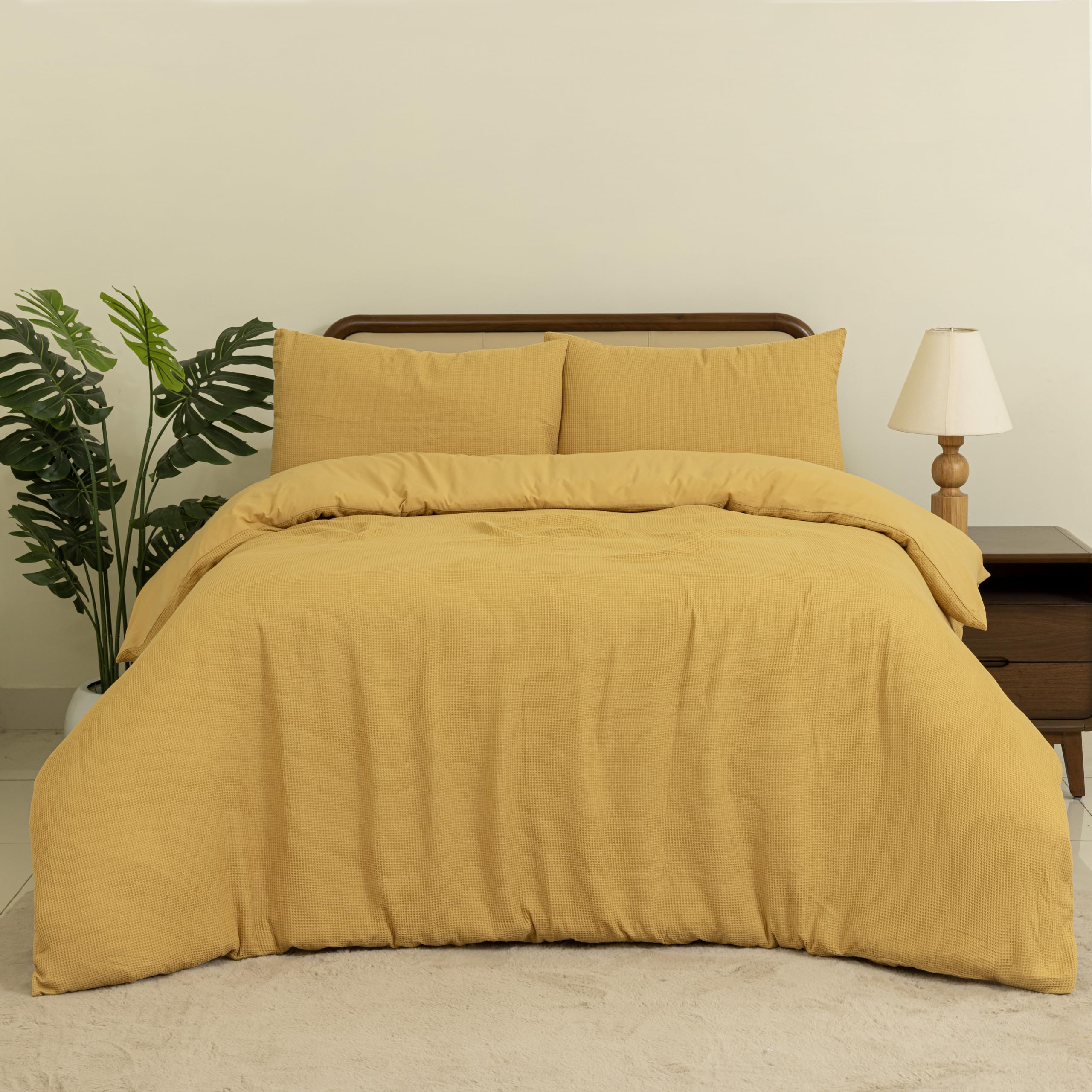 MHG Living Single Duvet Cover, Cotton Blend, Waffle Weave Duvet Cover Set, Super Soft & Breathable, Hypoallergenic Duvet Cover, Machine Washable Waffle Bedding Set โ Mustard (135 x 200 cm) โ image 1