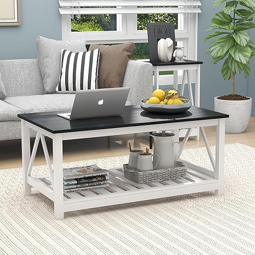 Miniatura 9 de Farmhouse Coffee Table, Black and White Coffee Table for Living Room, 2-Tier Rectangular Wooden Centre Cocktail Table with Slats Shelf Storage and
