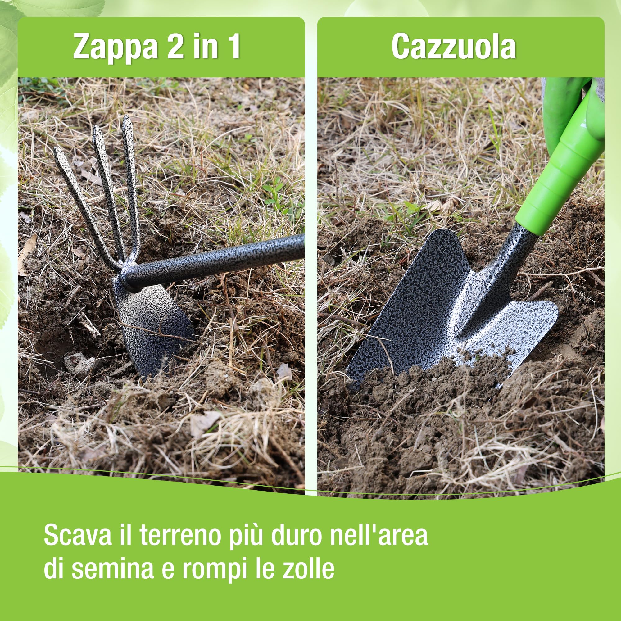 WORKPRO Set di 6 attrezzi da giardino con zappa a doppia estremità, artiglio a tre punte, rastrello a cinque denti, rastrello per foglie a nove denti, pala per terreno e gancio per erba, perfetto per