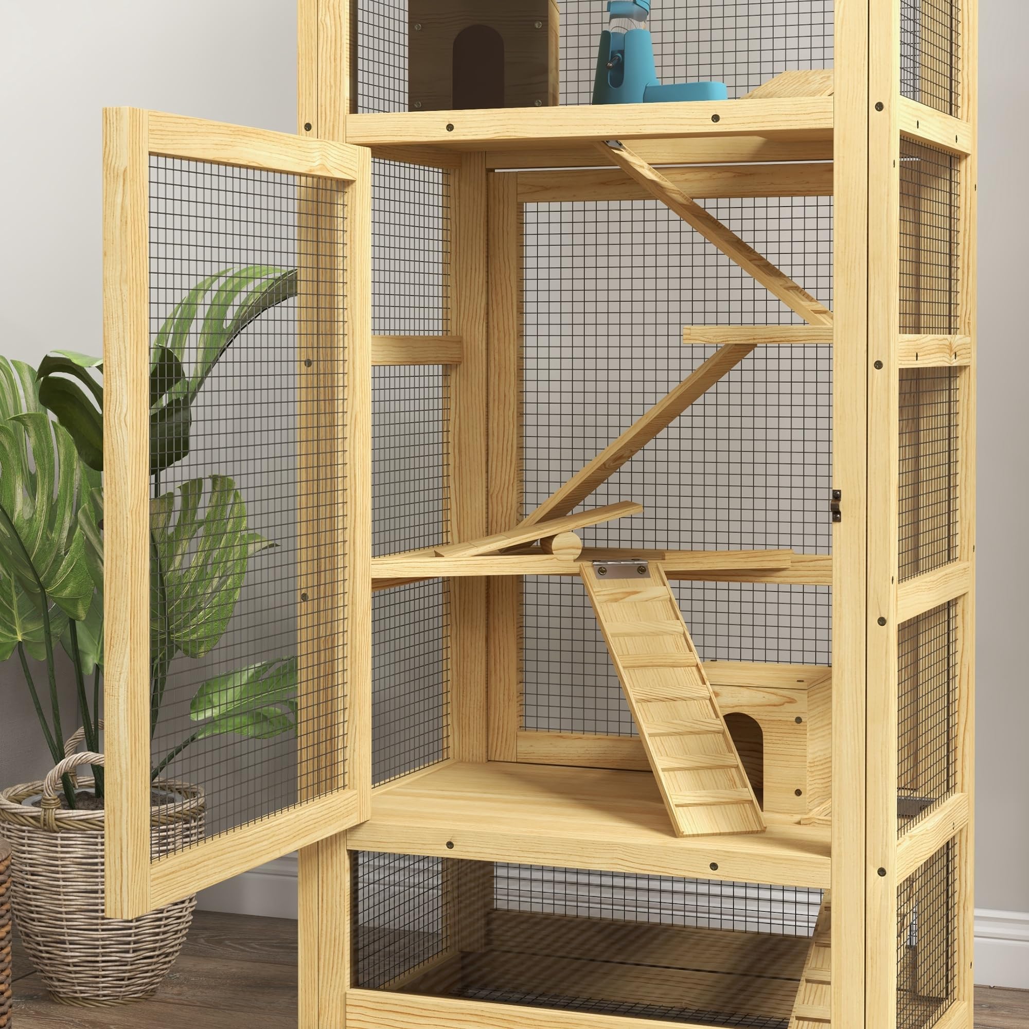 PawHut Gabbia per criceti o topi, piccoli animali in legno, 5 livelli con scala, nicchia, altalena, vassoio rimovibile, abbeveratoio, 54 x 38 x 131 cm, naturale